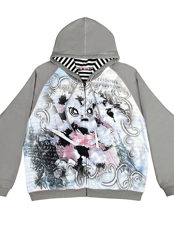 Cute Rabbit Print Loose Hooded Sweatshirt
