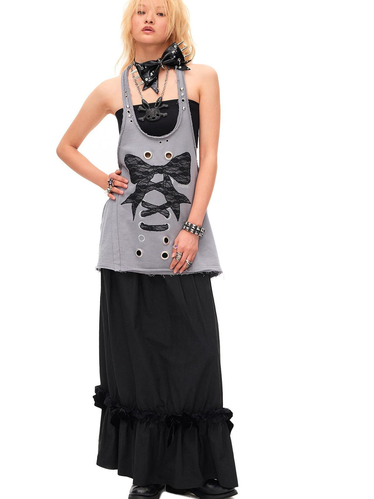 CFIERCE Distressed Studded Lace Bow U Neck H Cut Mid Length Women&