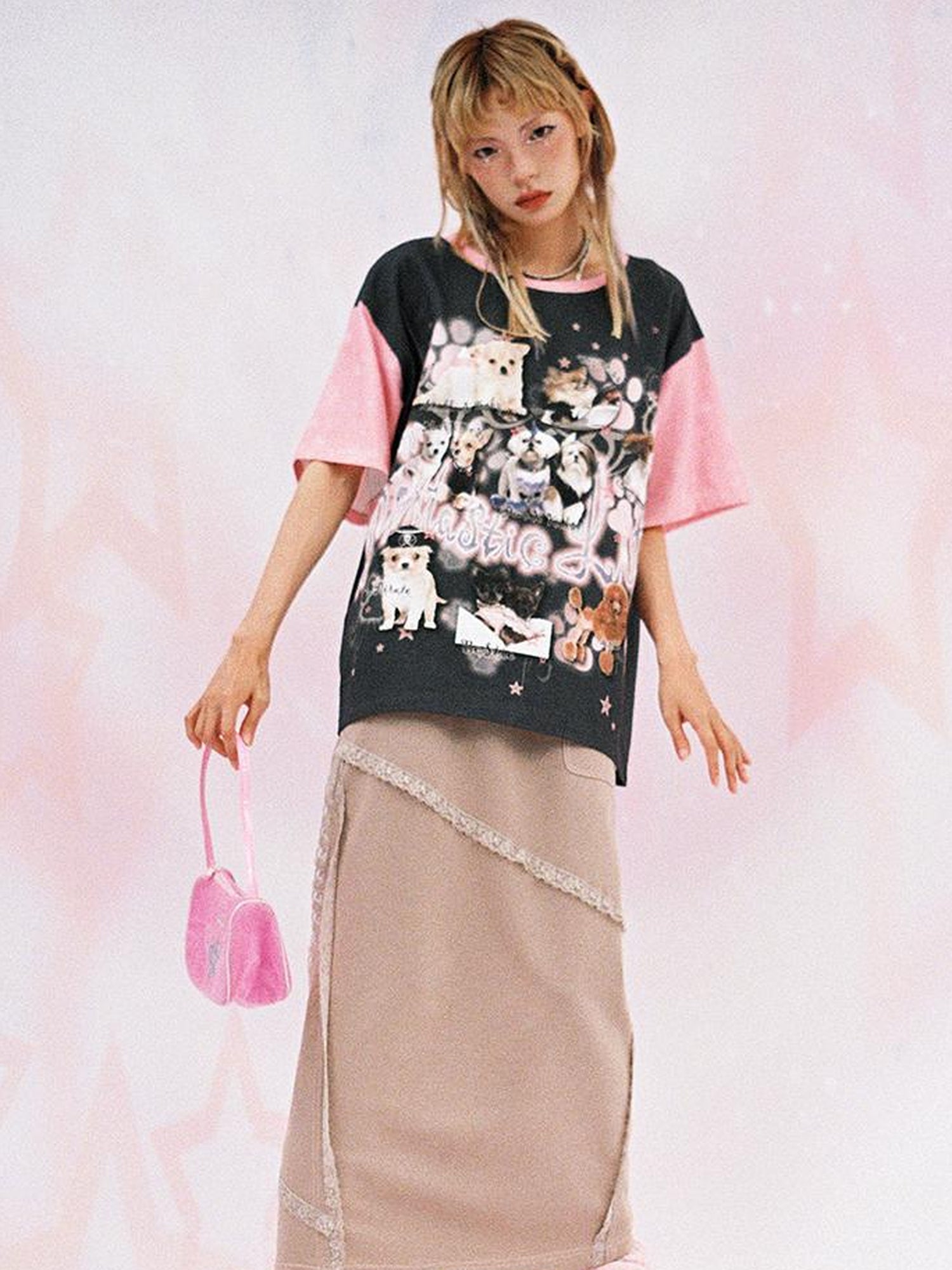 CFIERCE Dog Print Contrast Color Loose Tee