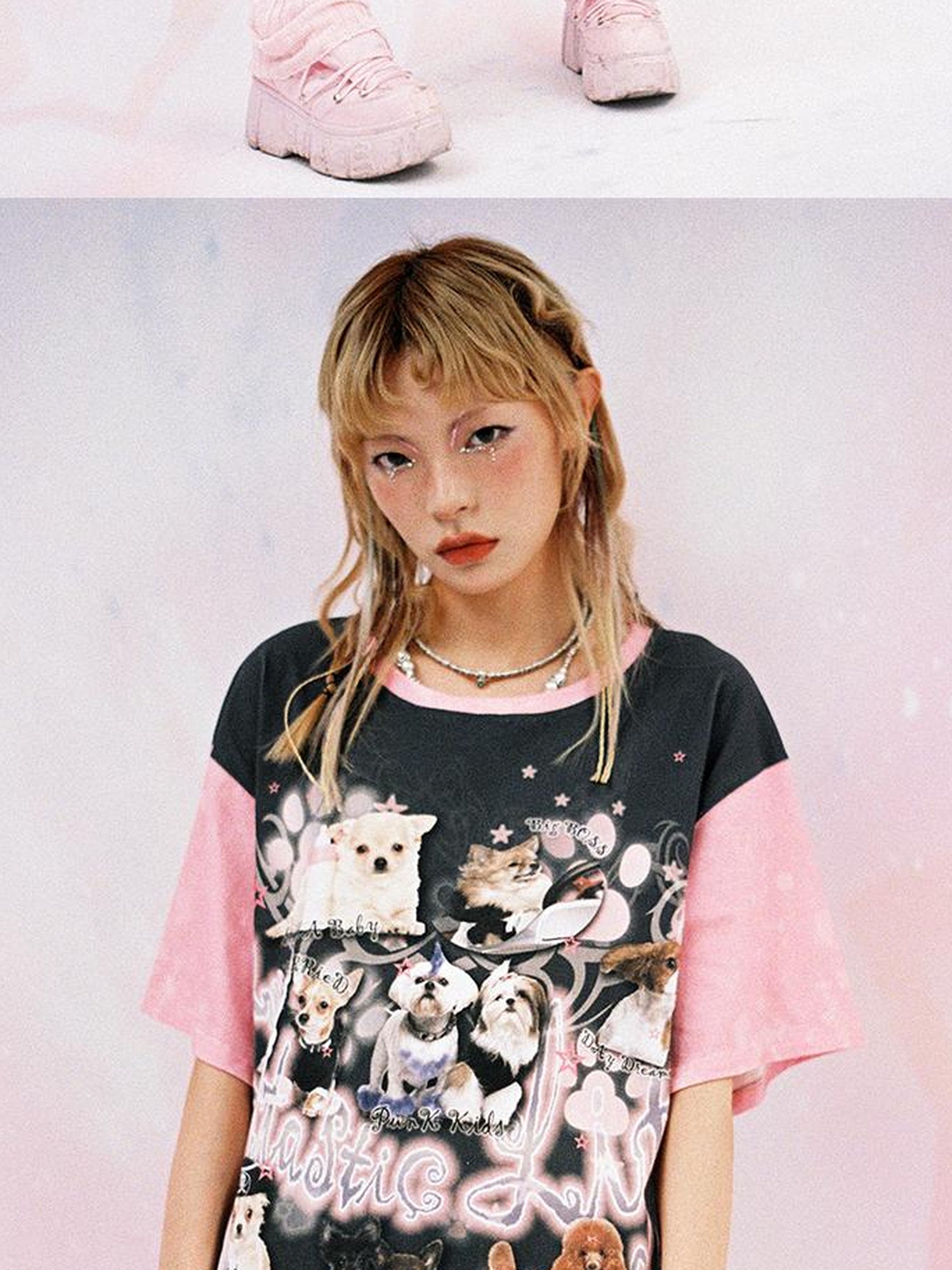 CFIERCE Dog Print Contrast Color Loose Tee
