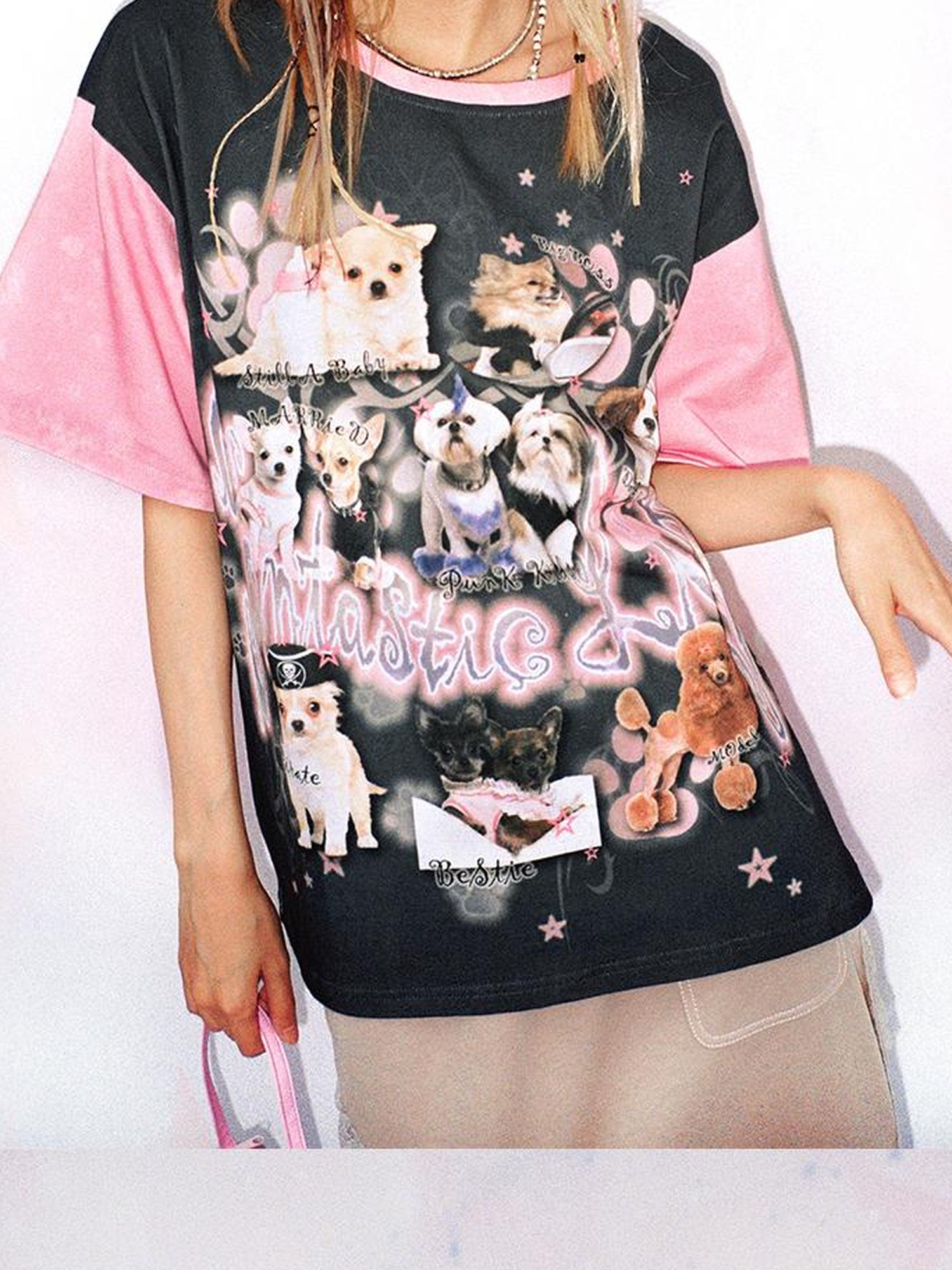 CFIERCE Dog Print Contrast Color Loose Tee