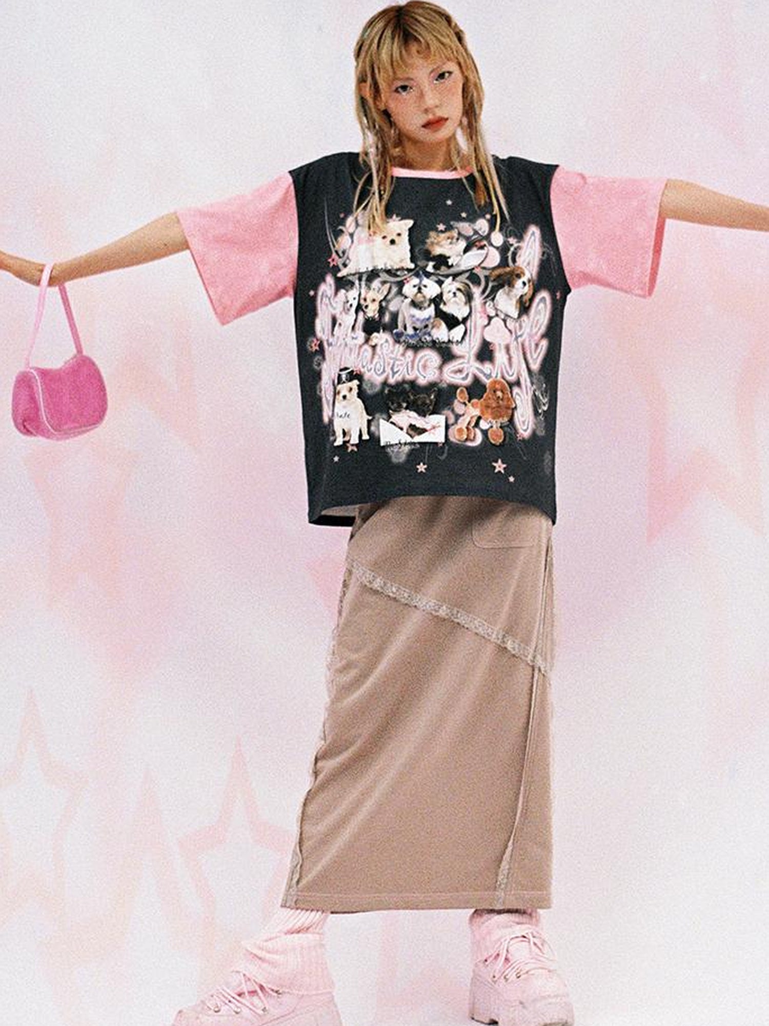 CFIERCE Dog Print Contrast Color Loose Tee