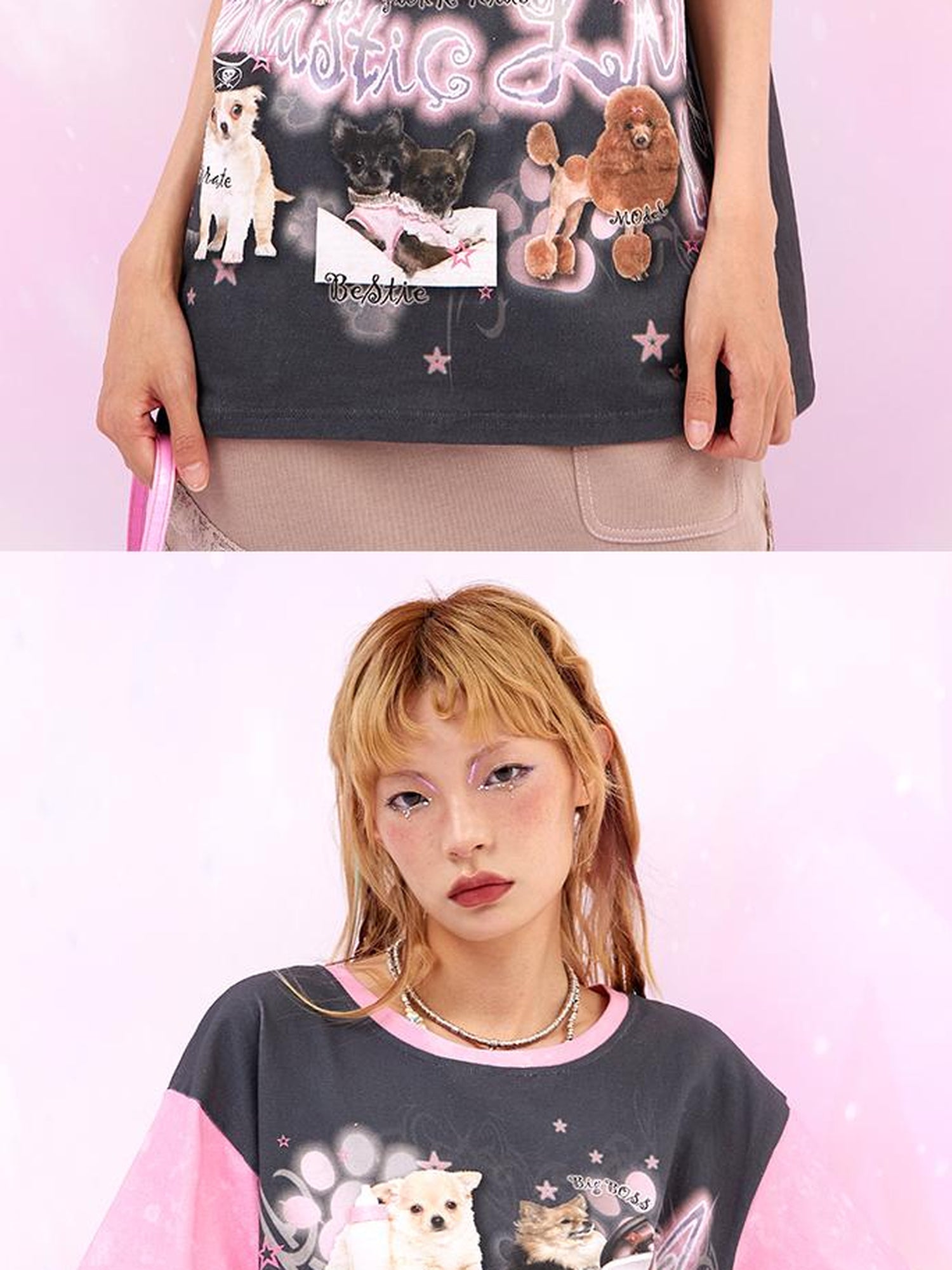 CFIERCE Dog Print Contrast Color Loose Tee