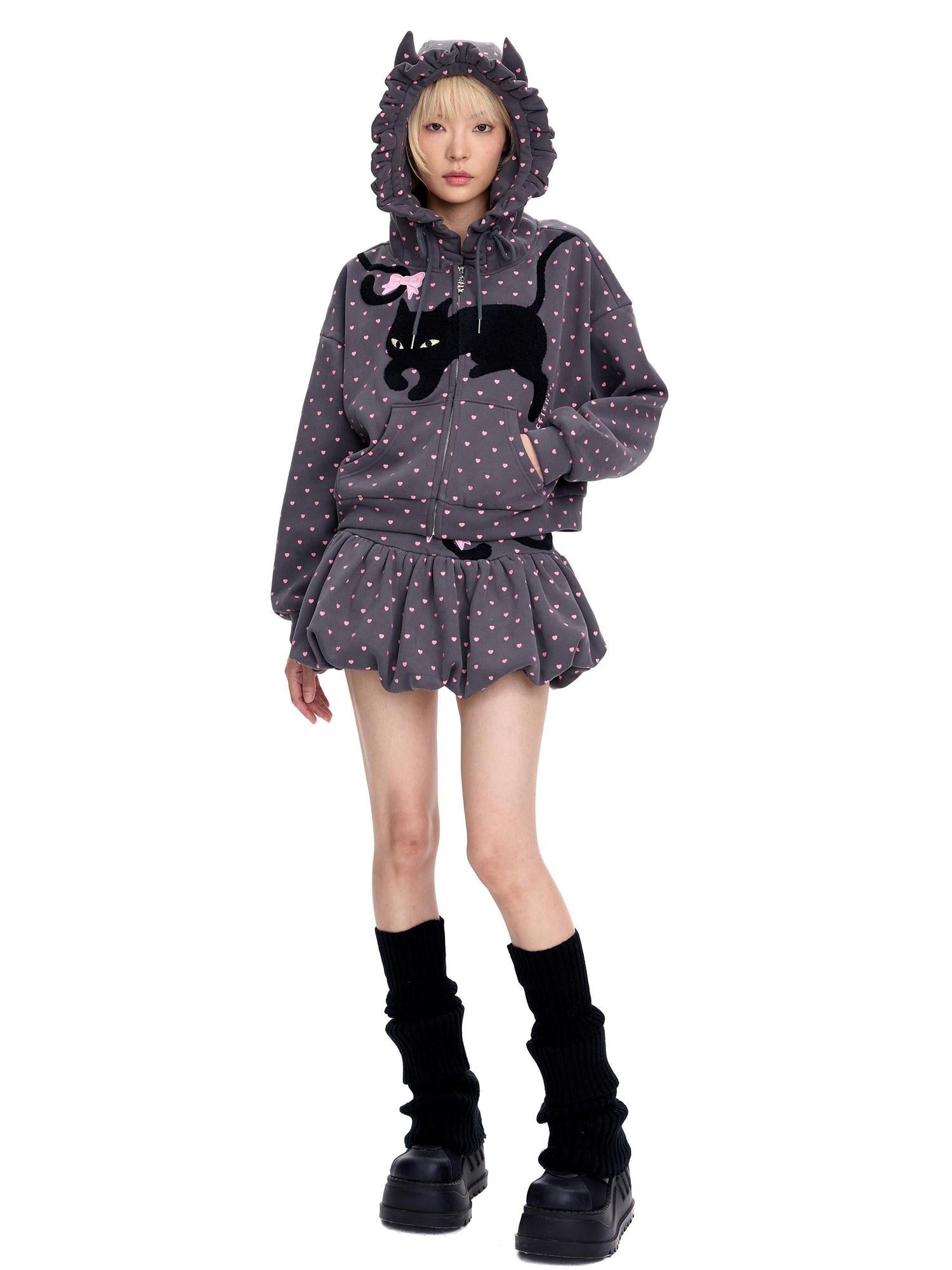 CFIERCE Embroidered Cartoon Loose Fit Zip Up Hooded Commuter Unisex Cotton Blend Hoodies