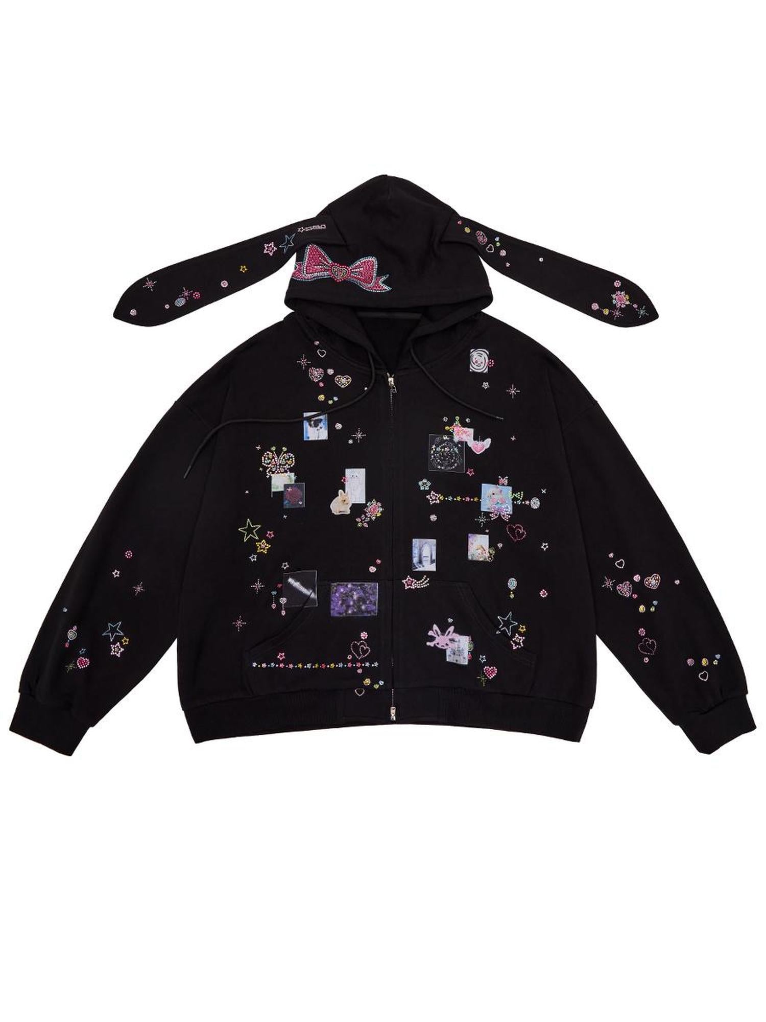CFIERCE Embroidered Rabbit Ear Hoodie With Rhinestone Details