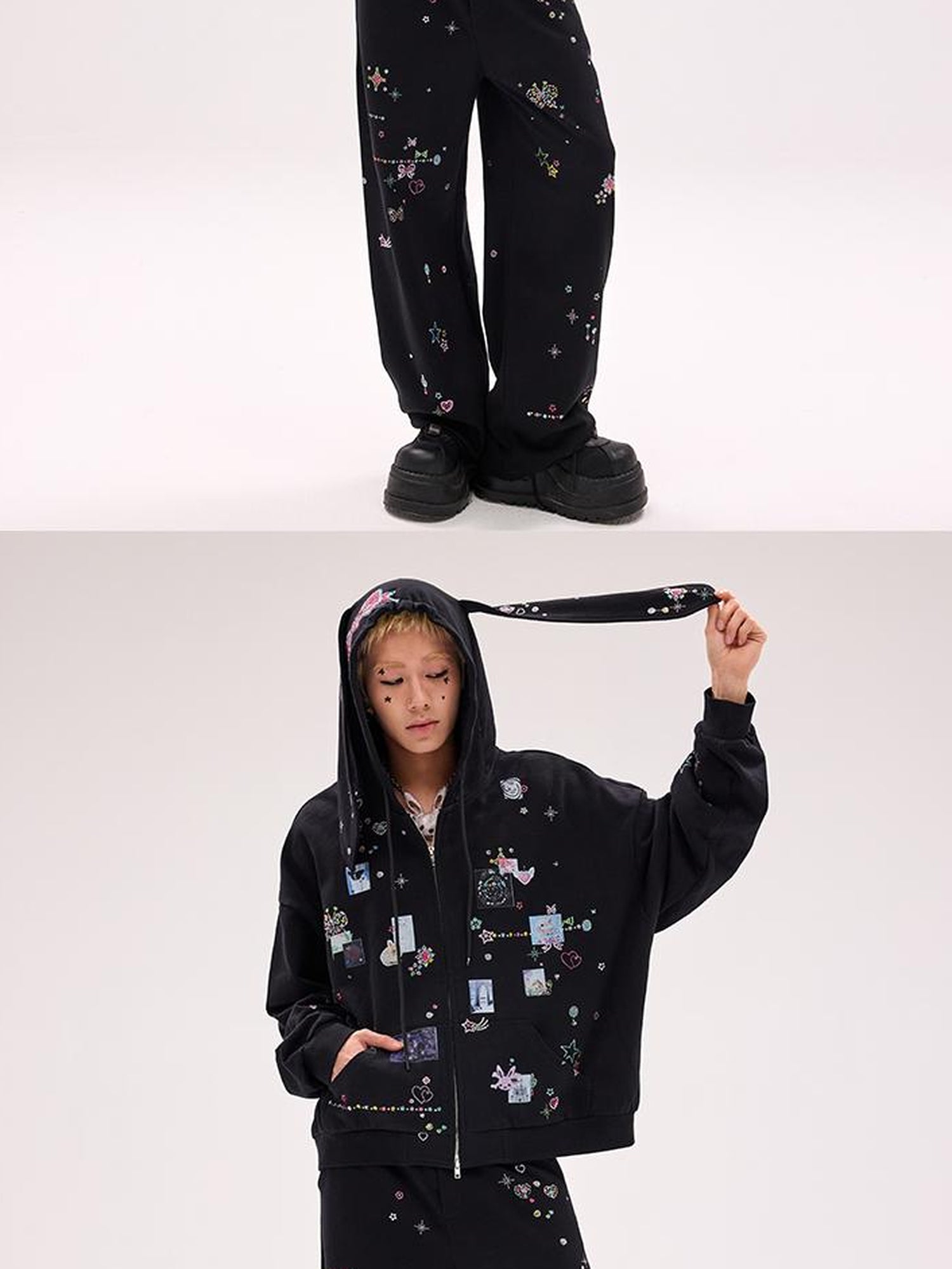 CFIERCE Embroidered Rabbit Ear Hoodie With Rhinestone Details