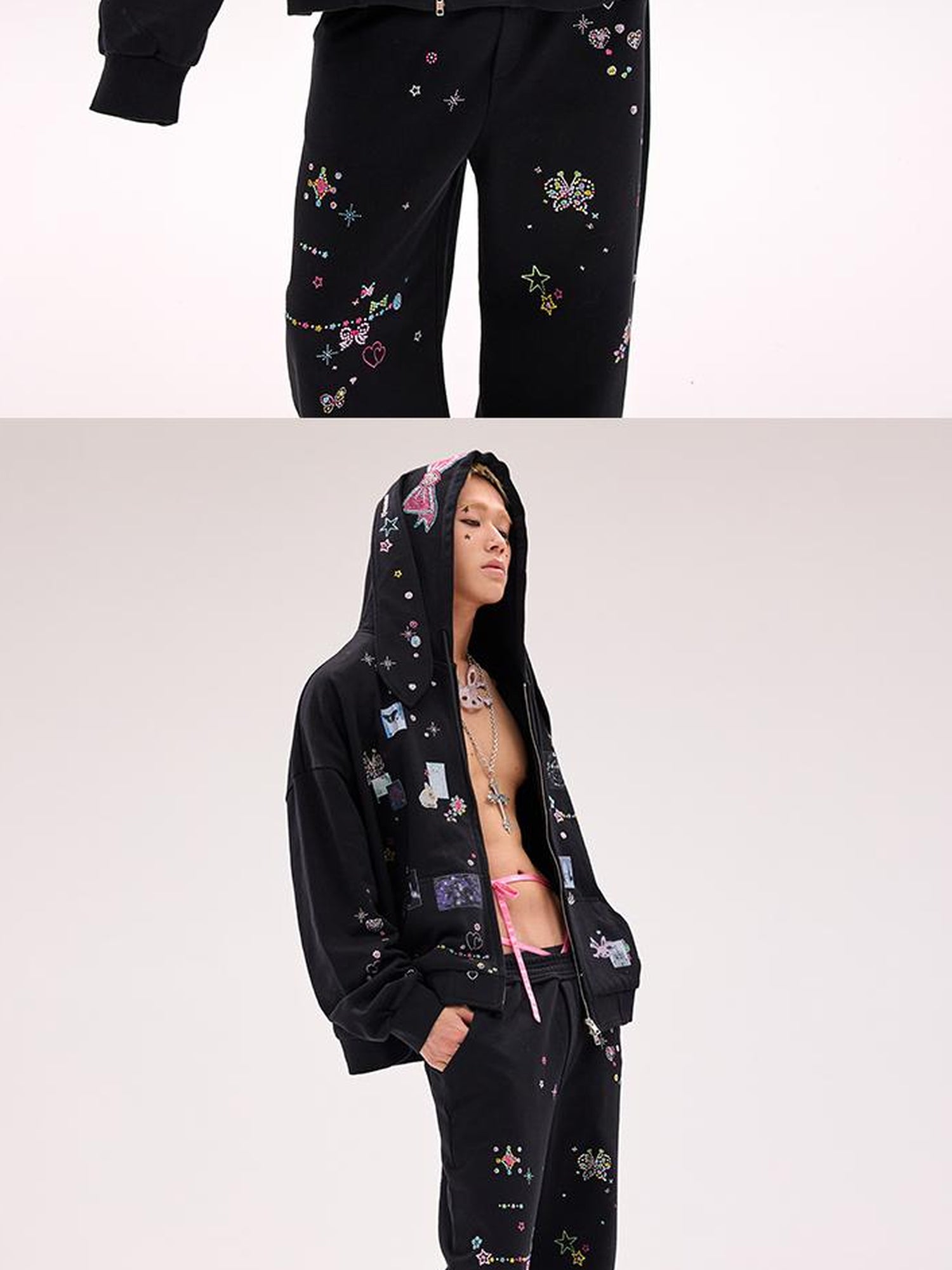 CFIERCE Embroidered Rabbit Ear Hoodie With Rhinestone Details