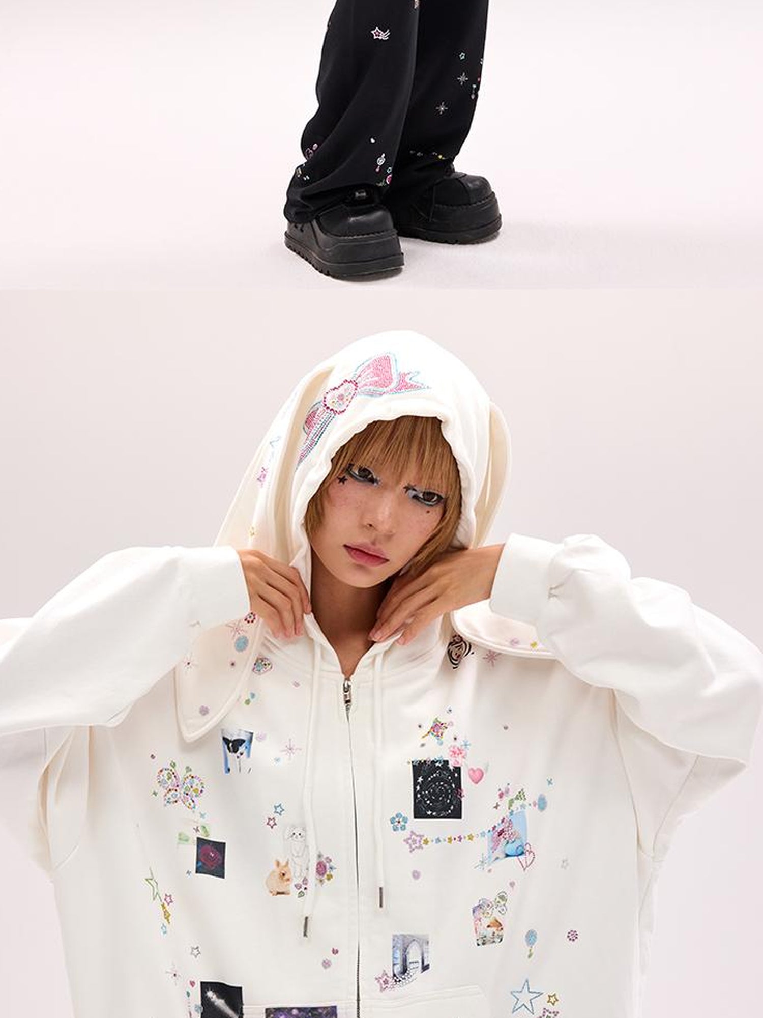 CFIERCE Embroidered Rabbit Ear Hoodie With Rhinestone Details