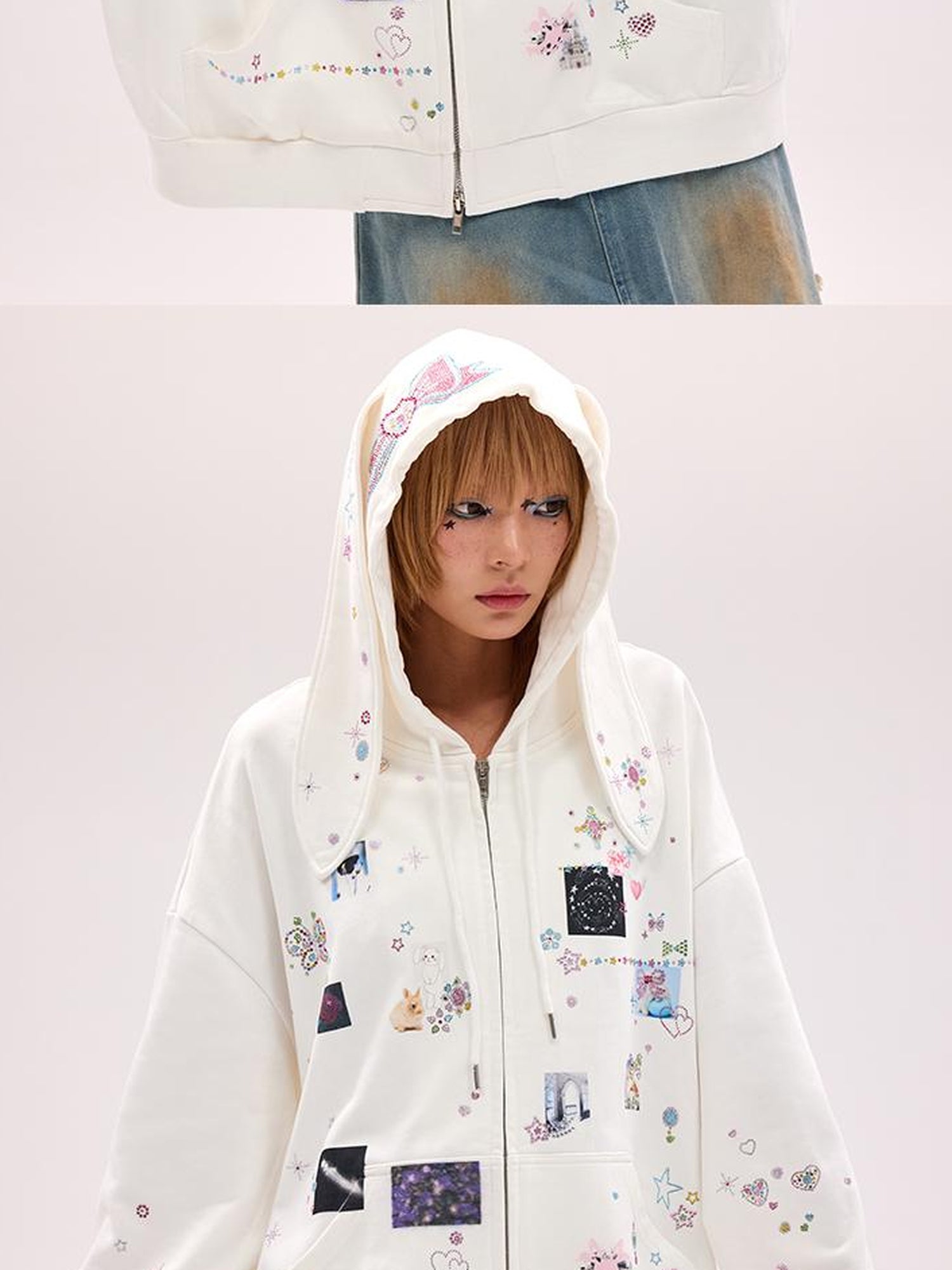 CFIERCE Embroidered Rabbit Ear Hoodie With Rhinestone Details