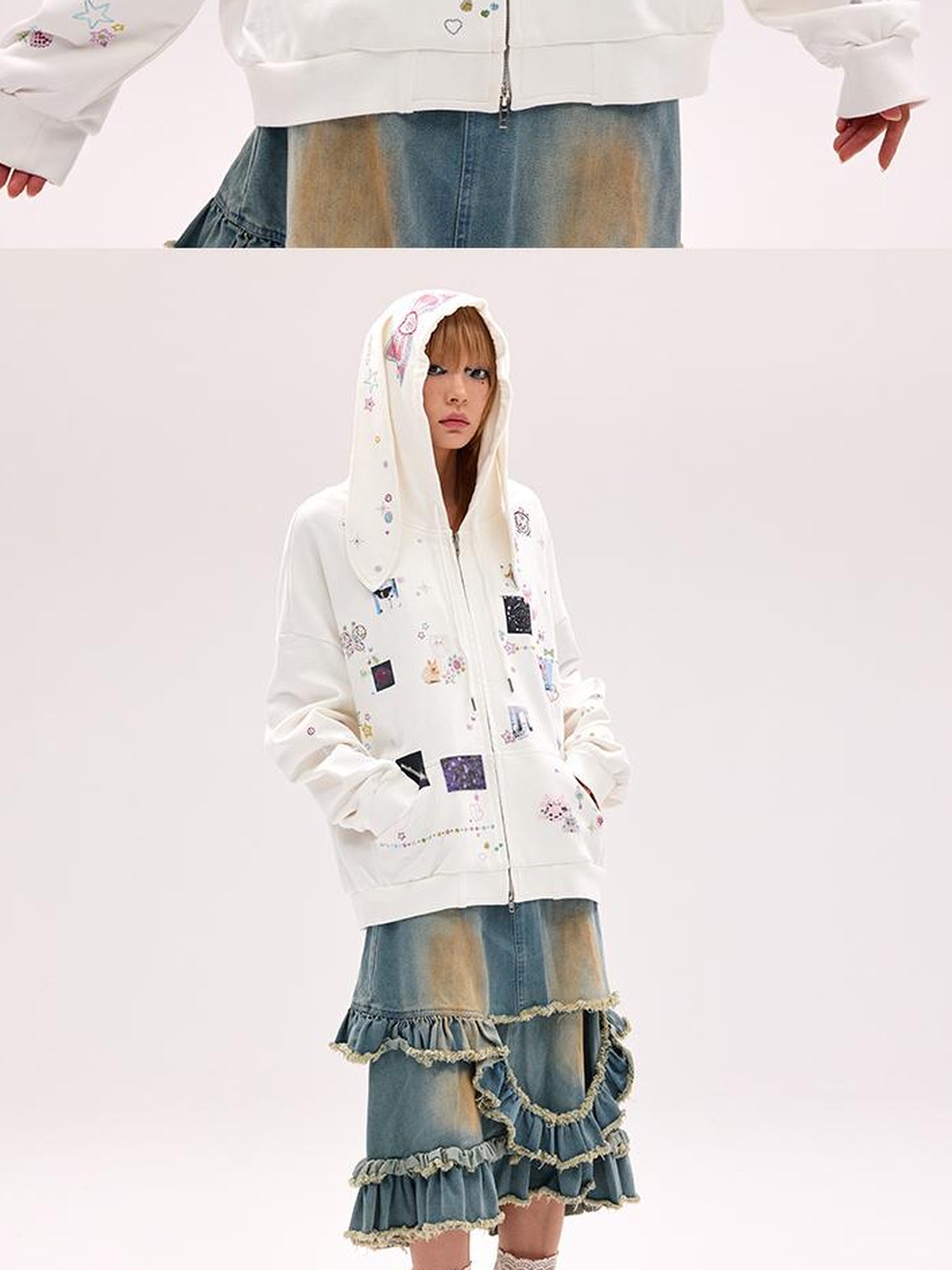 CFIERCE Embroidered Rabbit Ear Hoodie With Rhinestone Details