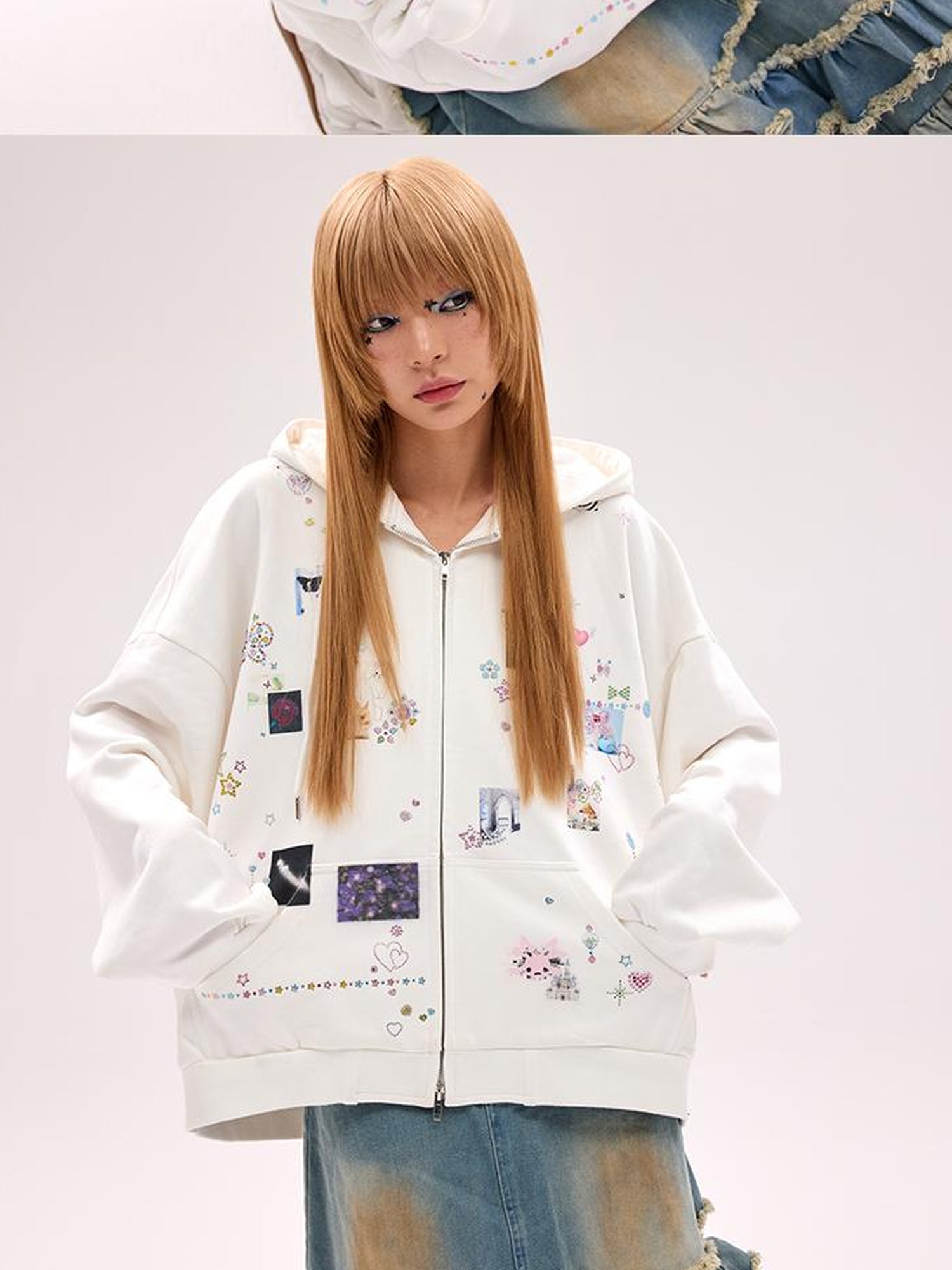 CFIERCE Embroidered Rabbit Ear Hoodie With Rhinestone Details