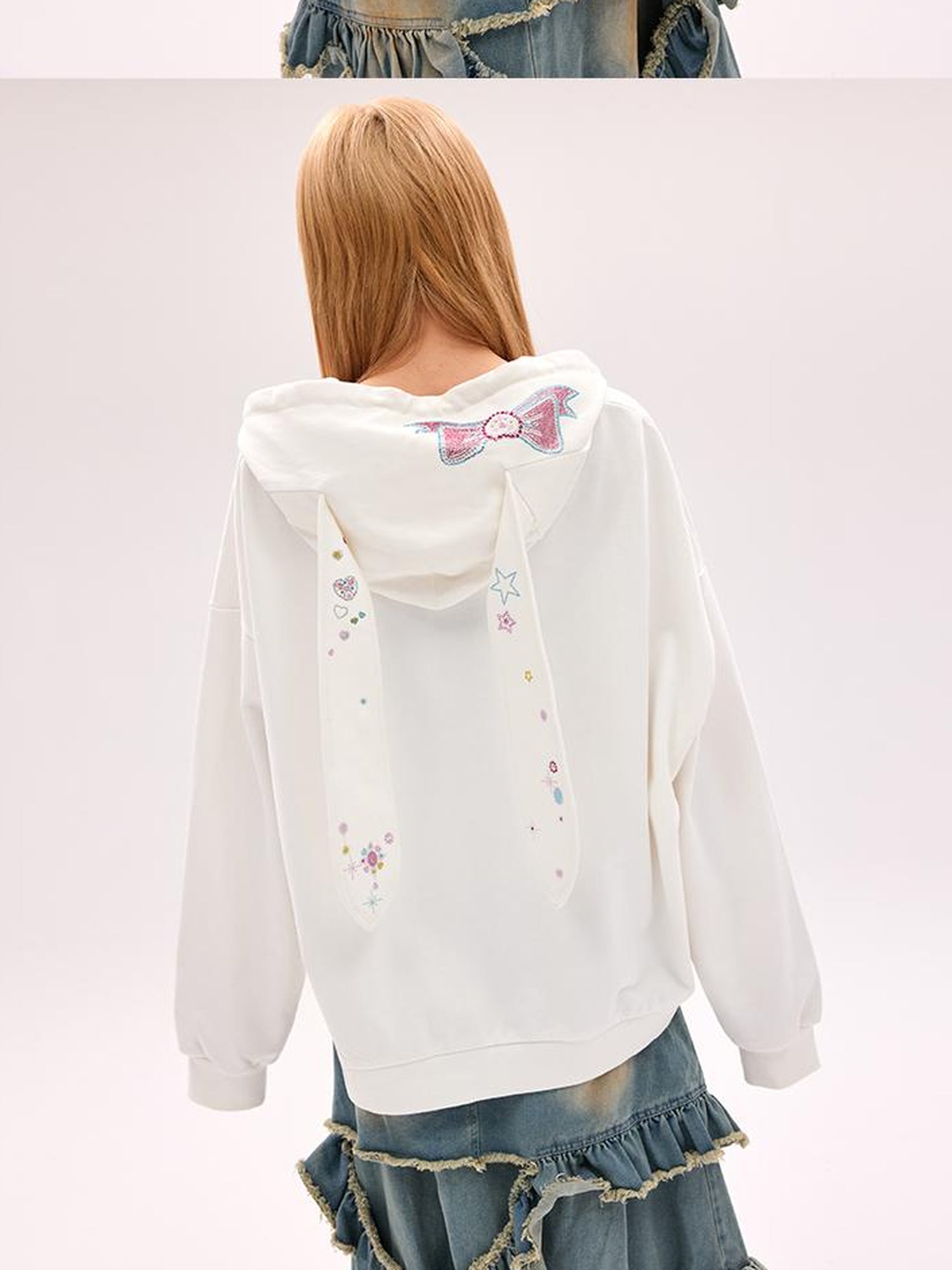CFIERCE Embroidered Rabbit Ear Hoodie With Rhinestone Details