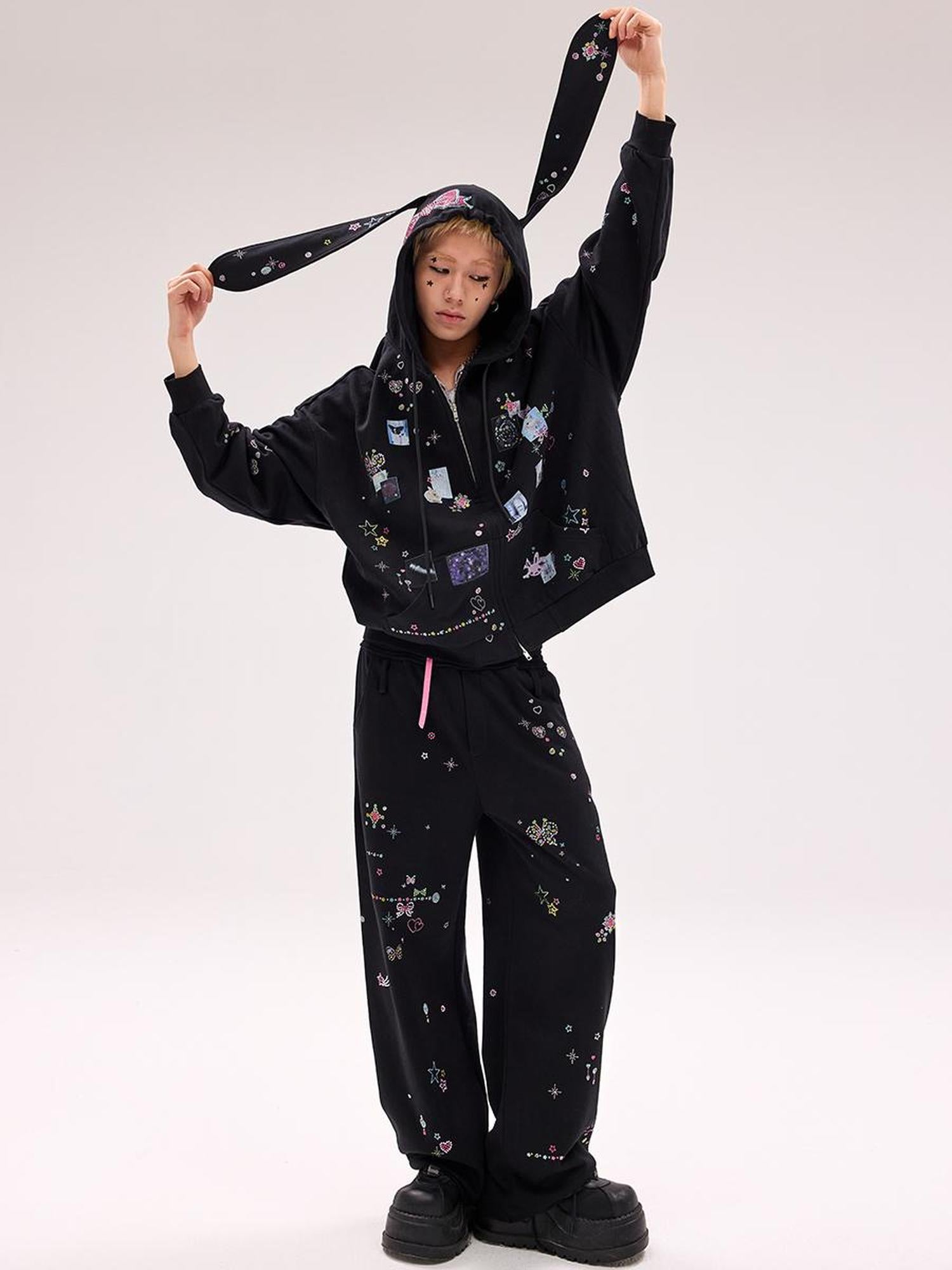 CFIERCE Embroidered Rabbit Ear Hoodie With Rhinestone Details