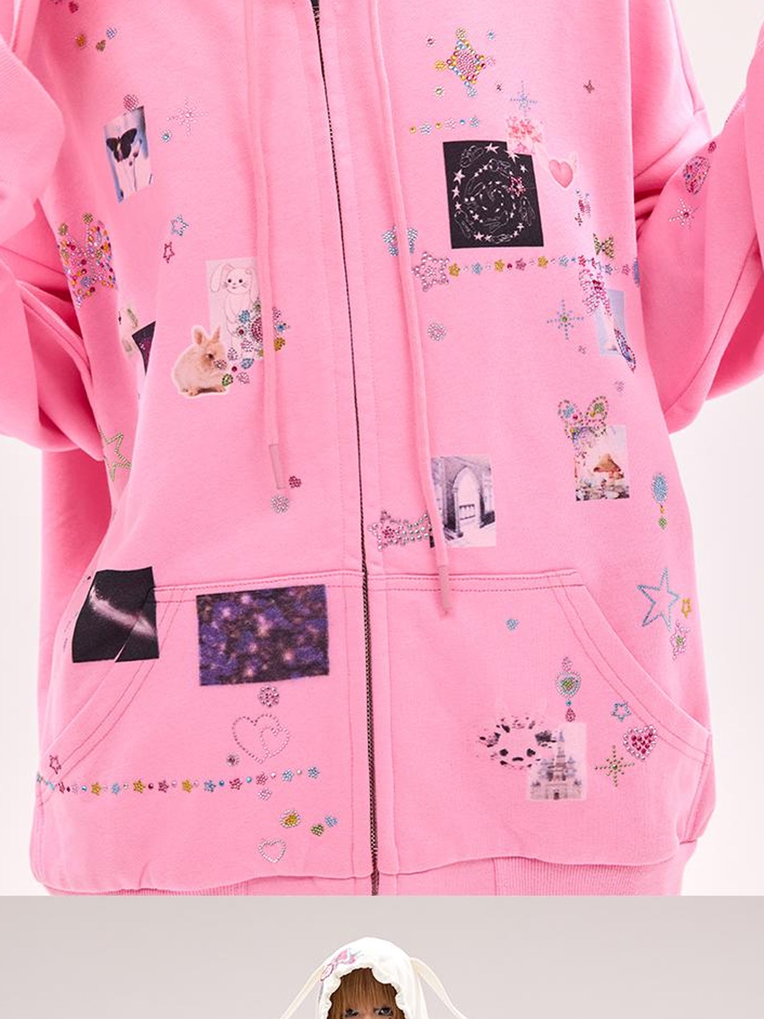 CFIERCE Embroidered Rabbit Ear Hoodie With Rhinestone Details