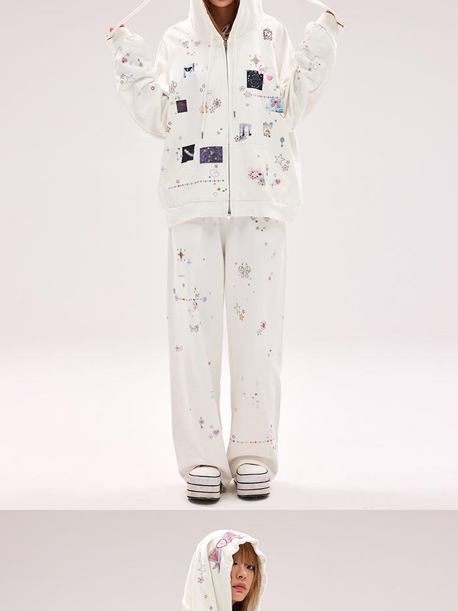 CFIERCE Embroidered Rabbit Ear Hoodie With Rhinestone Details