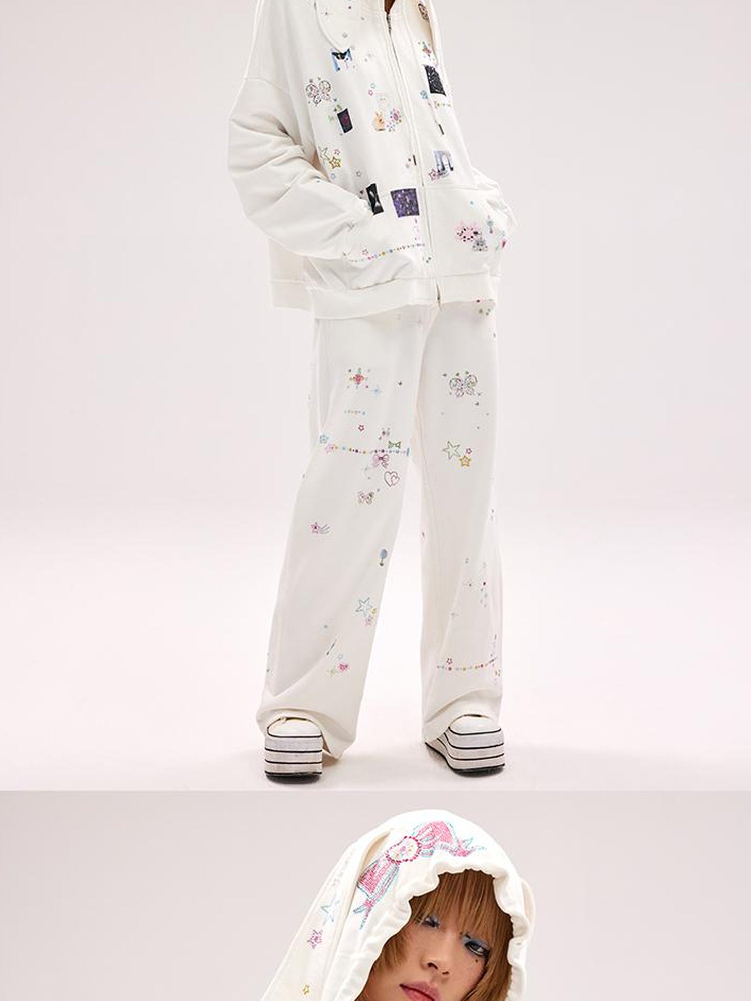 CFIERCE Embroidered Rabbit Ear Hoodie With Rhinestone Details