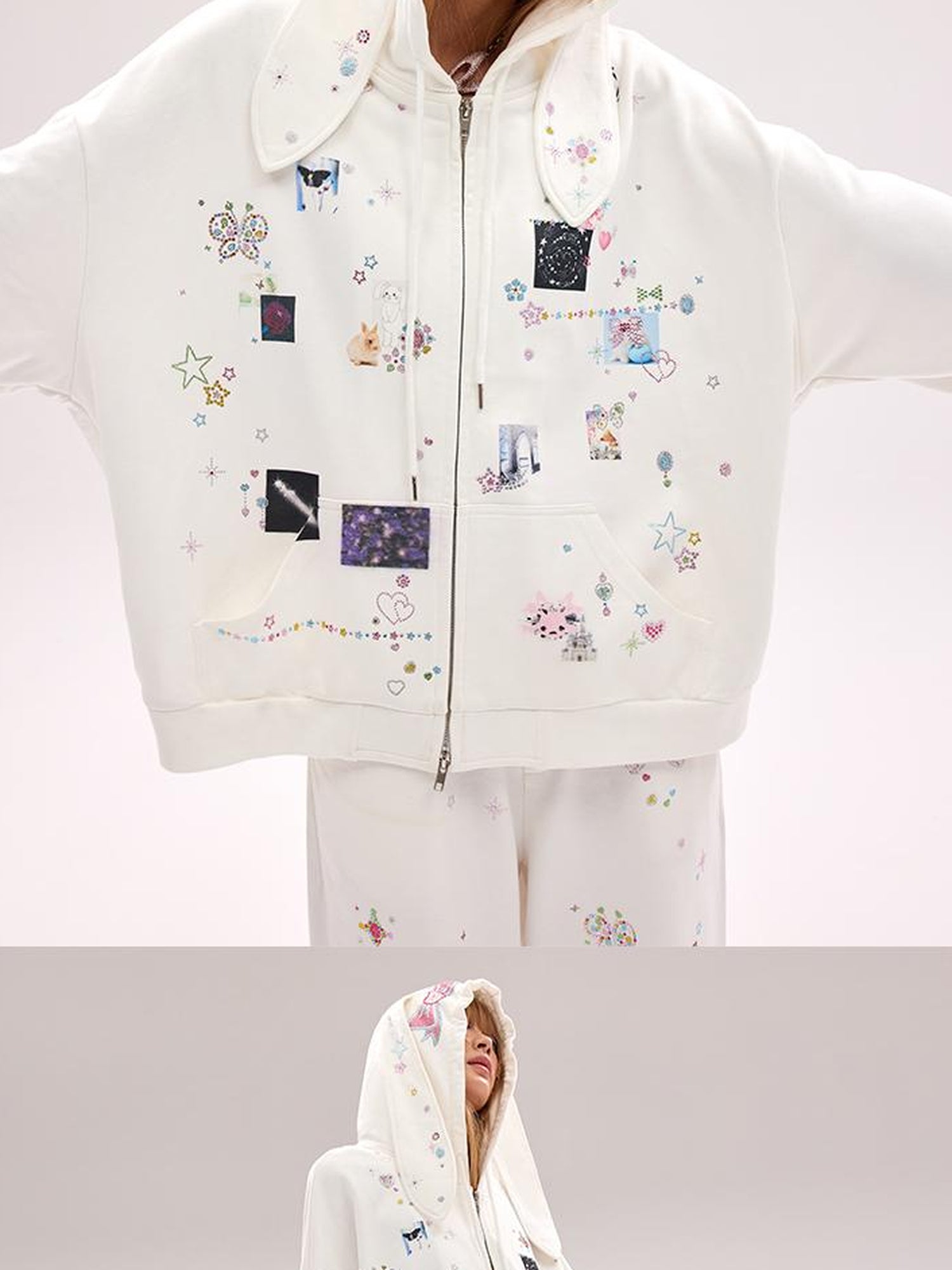 CFIERCE Embroidered Rabbit Ear Hoodie With Rhinestone Details