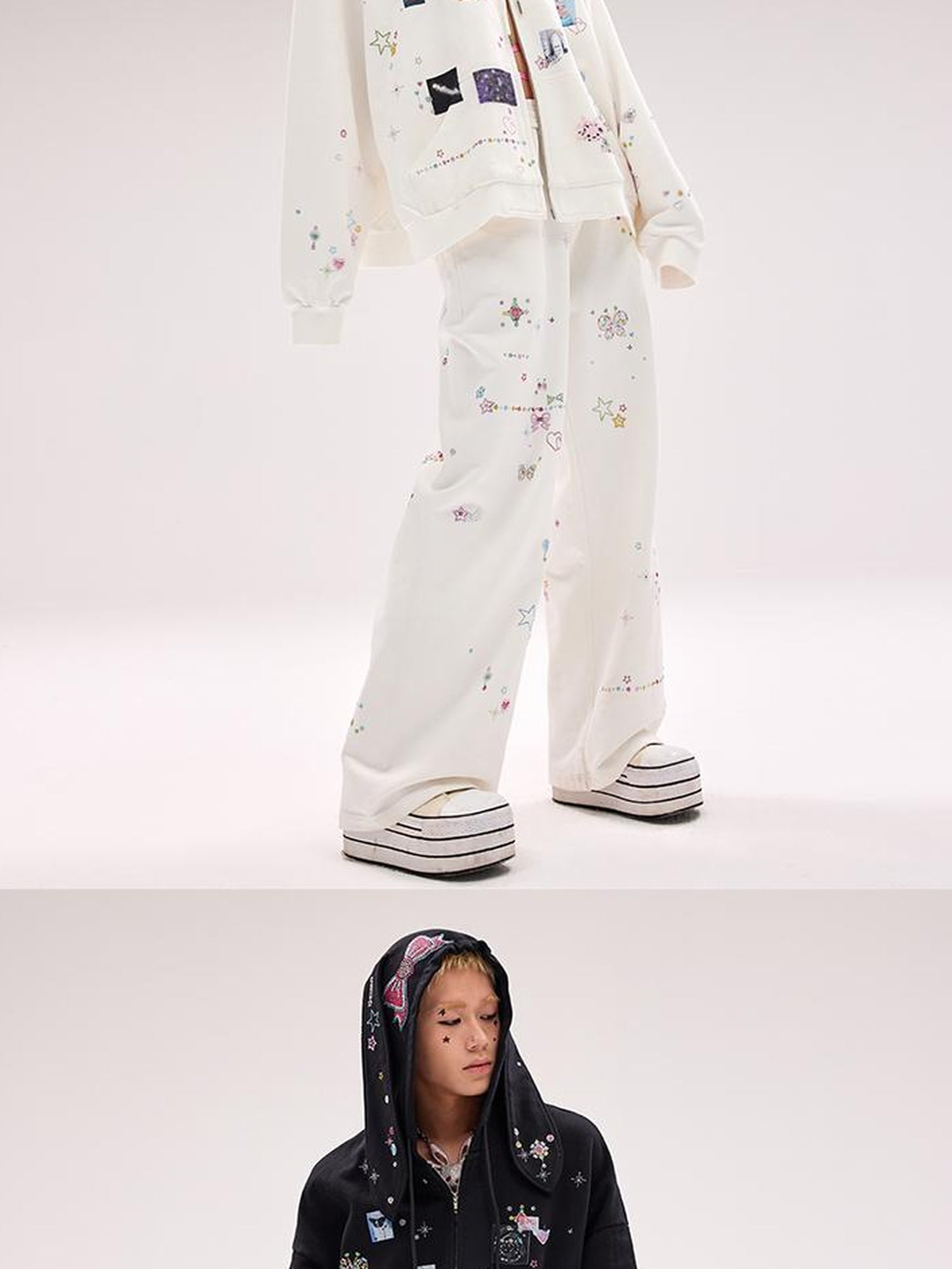 CFIERCE Embroidered Rabbit Ear Hoodie With Rhinestone Details