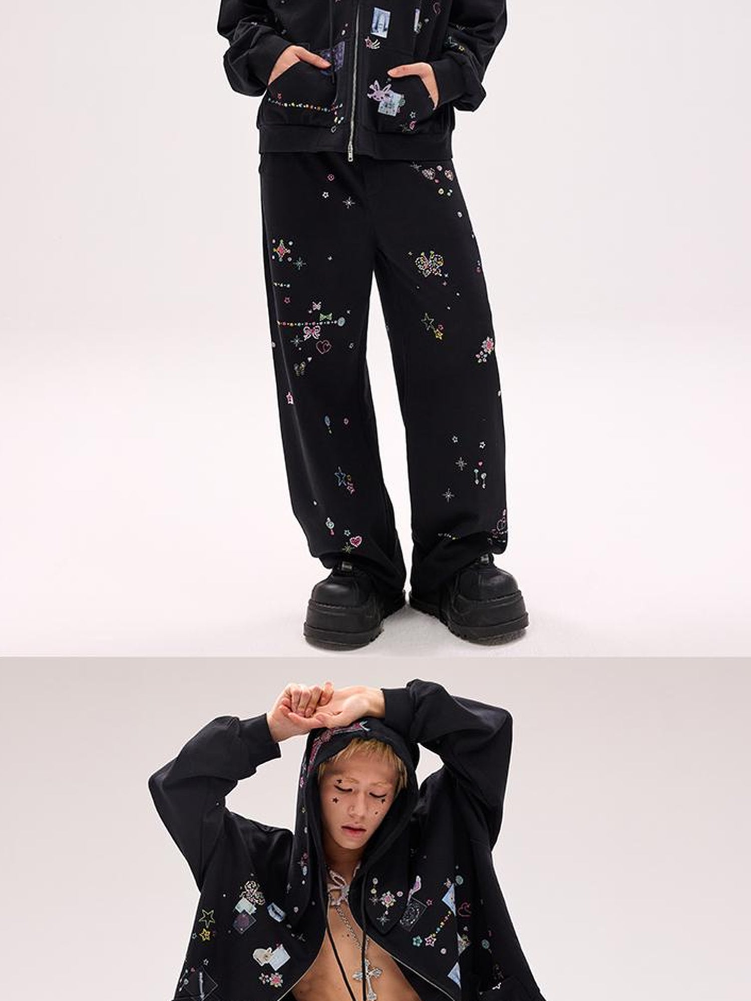 CFIERCE Embroidered Rabbit Ear Hoodie With Rhinestone Details