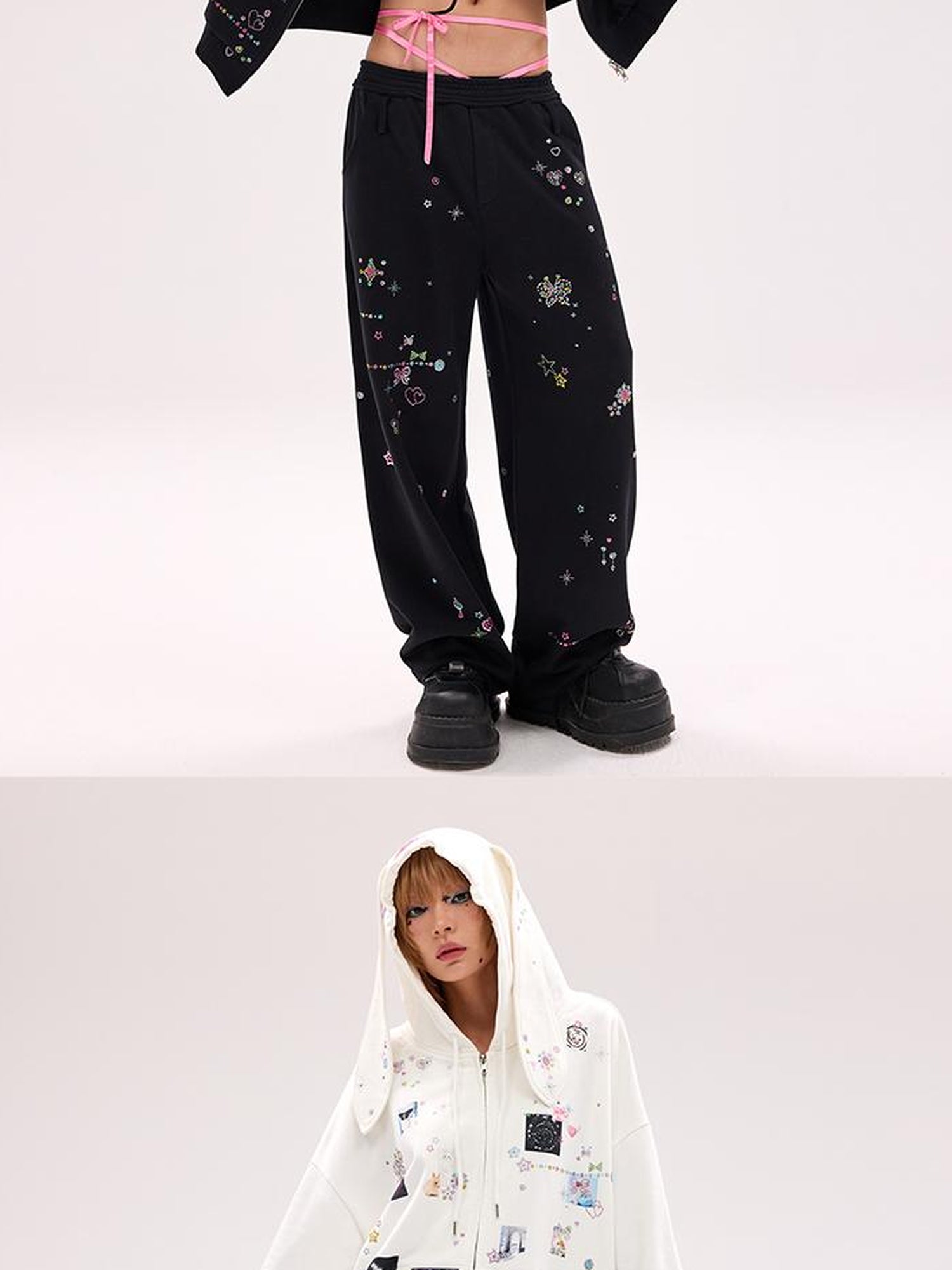 CFIERCE Embroidered Rabbit Ear Hoodie With Rhinestone Details