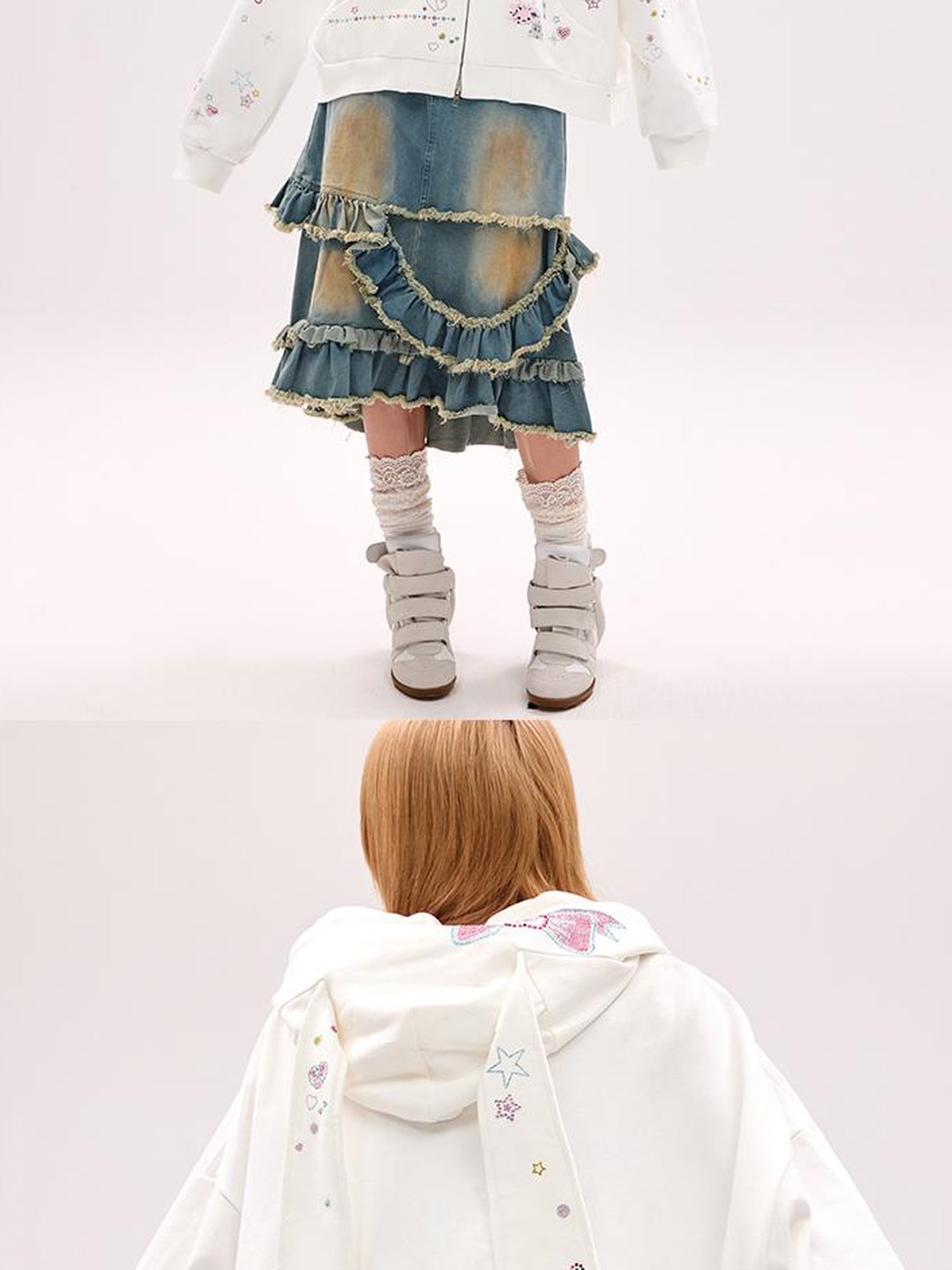 CFIERCE Embroidered Rabbit Ear Hoodie With Rhinestone Details