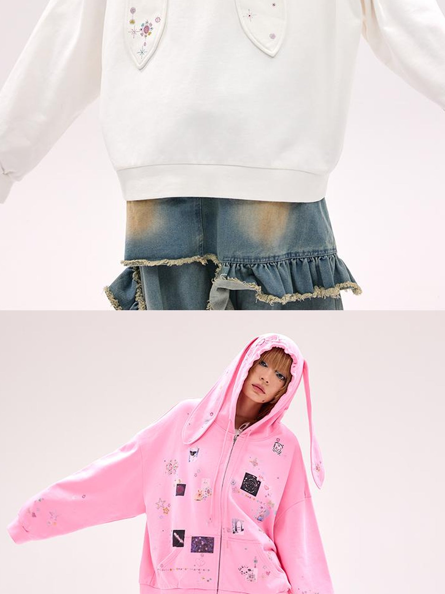 CFIERCE Embroidered Rabbit Ear Hoodie With Rhinestone Details