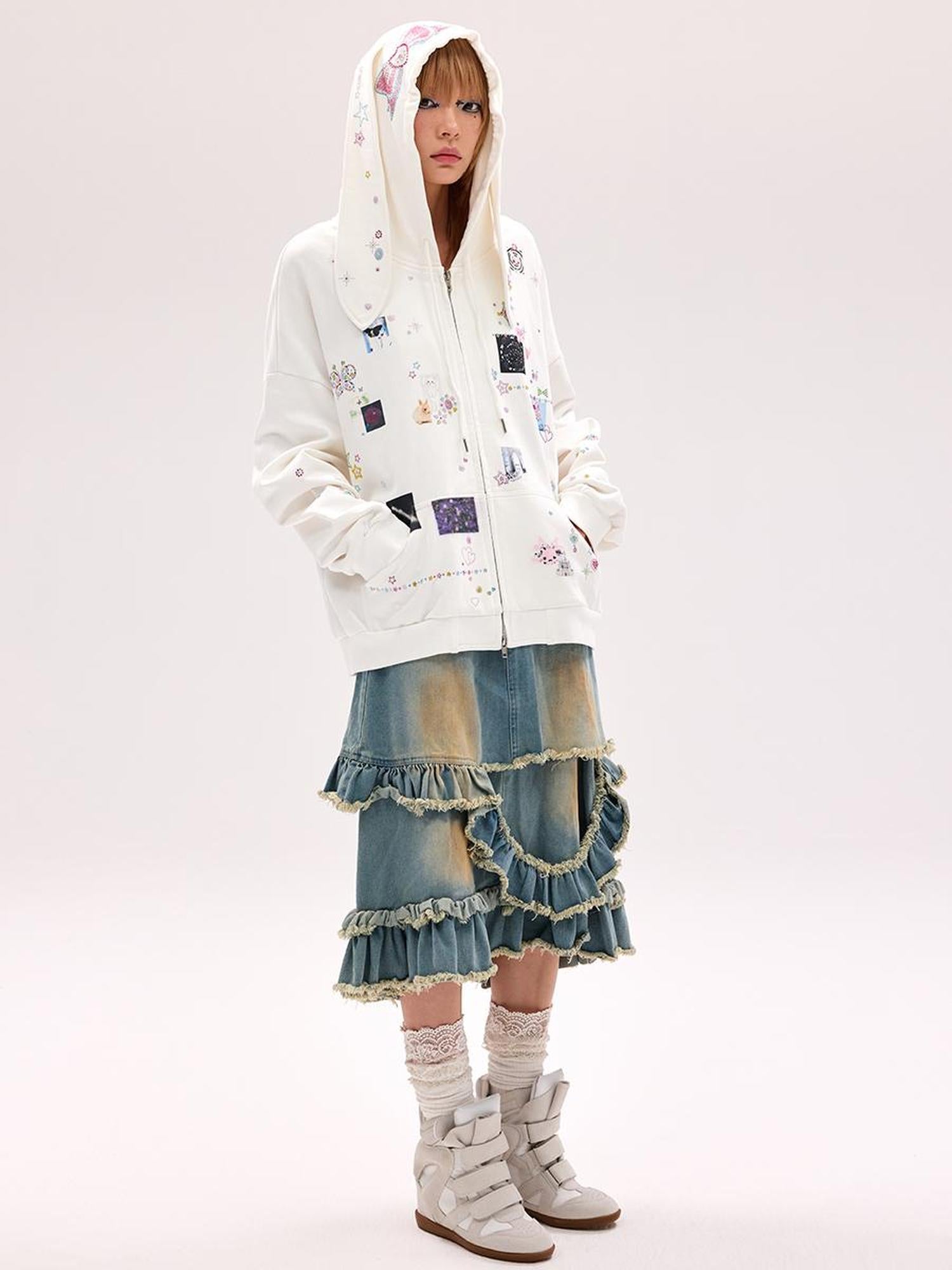 CFIERCE Embroidered Rabbit Ear Hoodie With Rhinestone Details