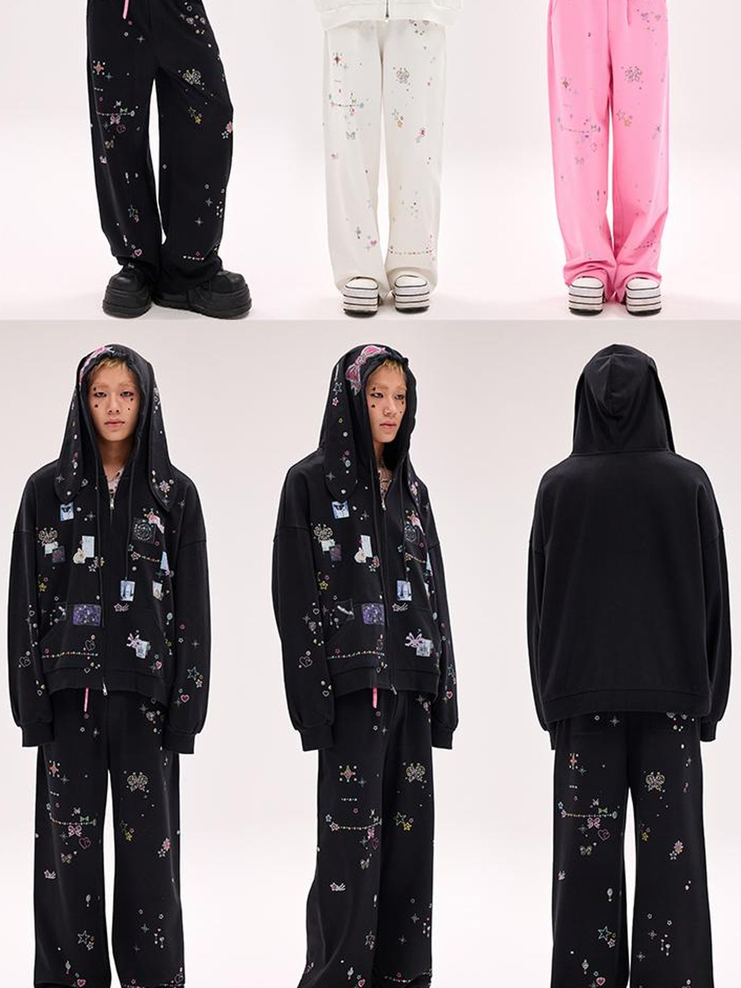 CFIERCE Embroidered Rabbit Ear Hoodie With Rhinestone Details