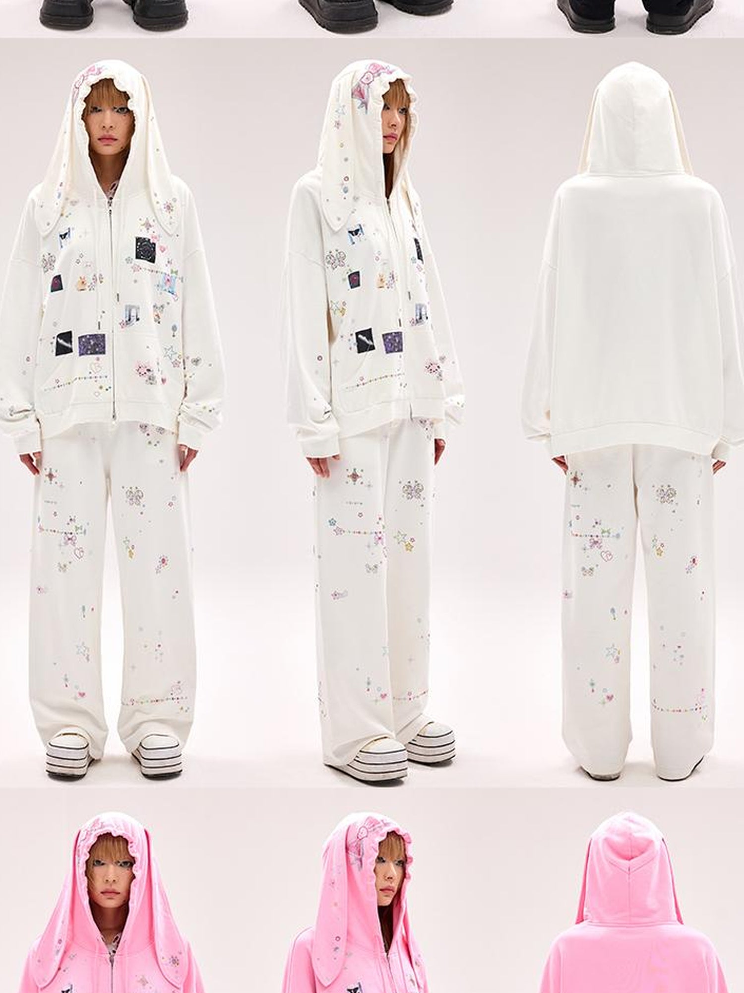 CFIERCE Embroidered Rabbit Ear Hoodie With Rhinestone Details