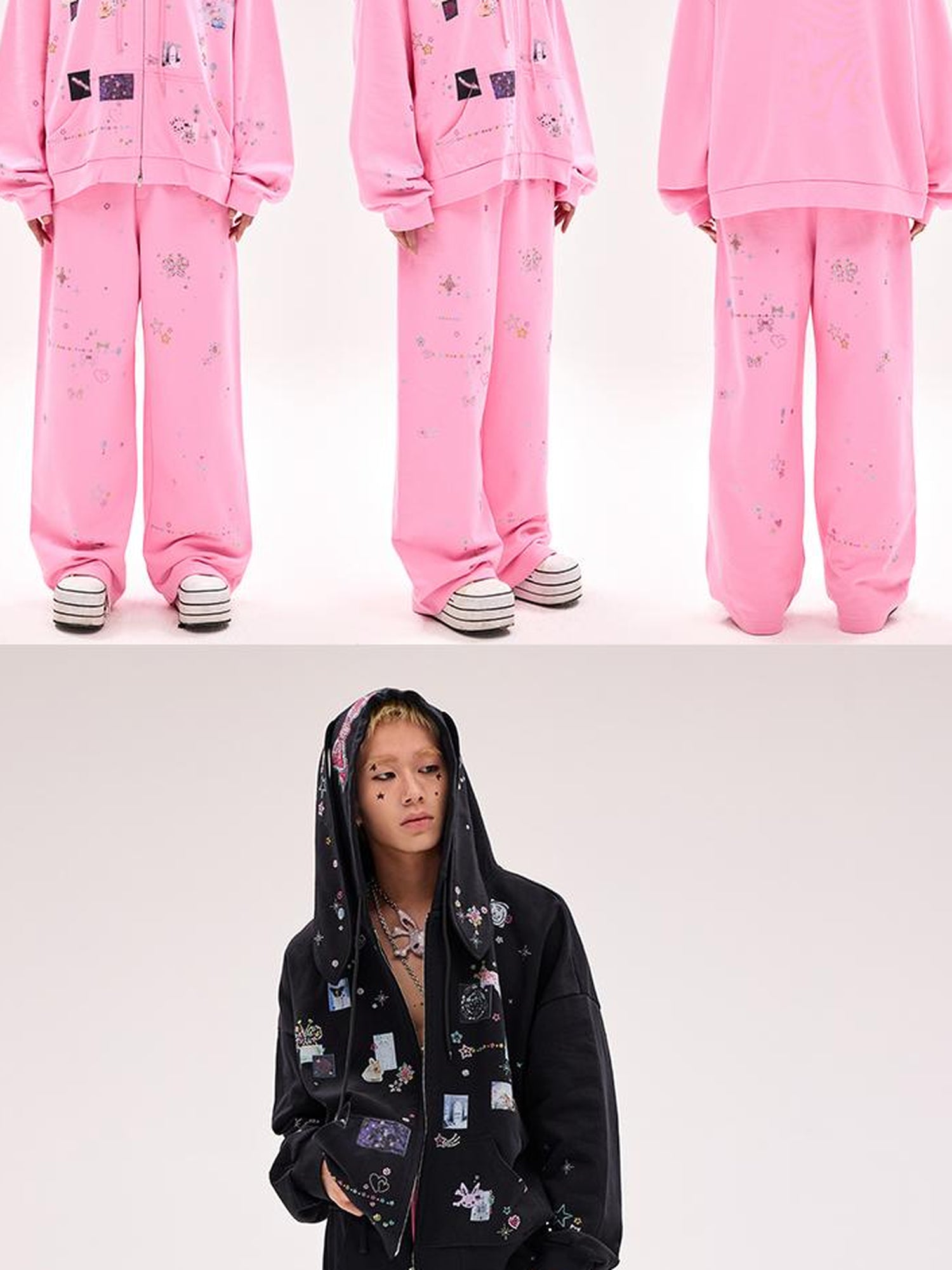 CFIERCE Embroidered Rabbit Ear Hoodie With Rhinestone Details