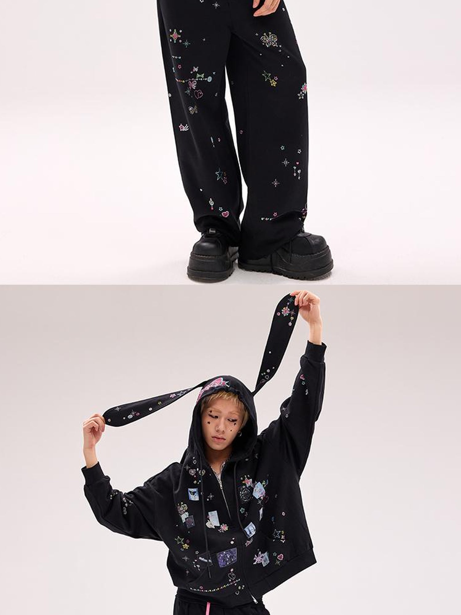 CFIERCE Embroidered Rabbit Ear Hoodie With Rhinestone Details