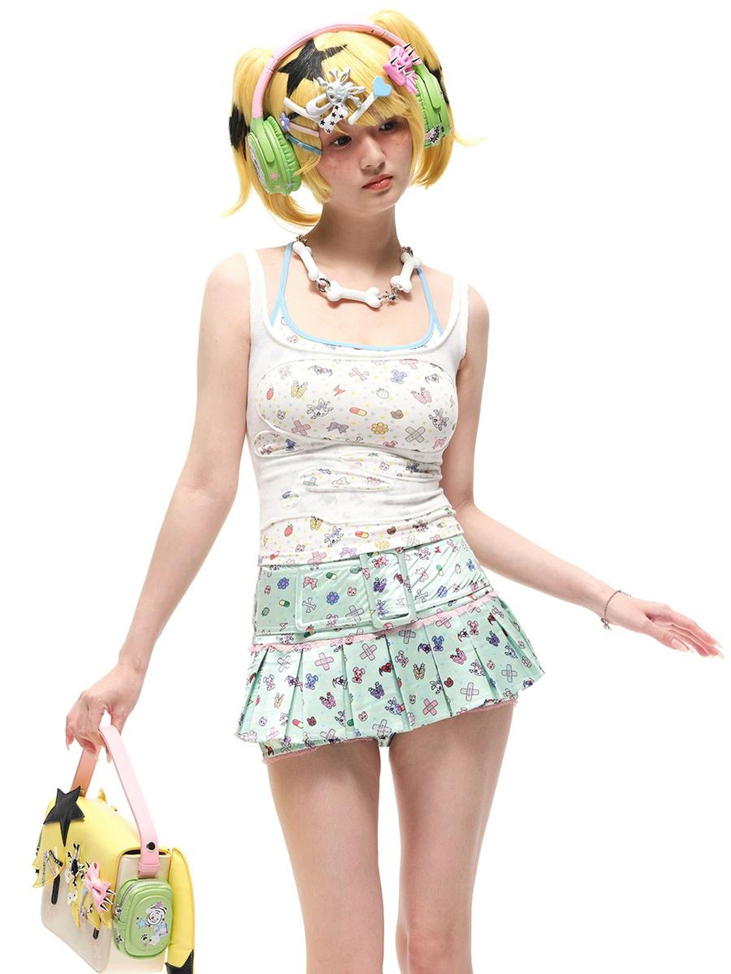 CFIERCE Faux Two Layer Strap Top With Sticker Print