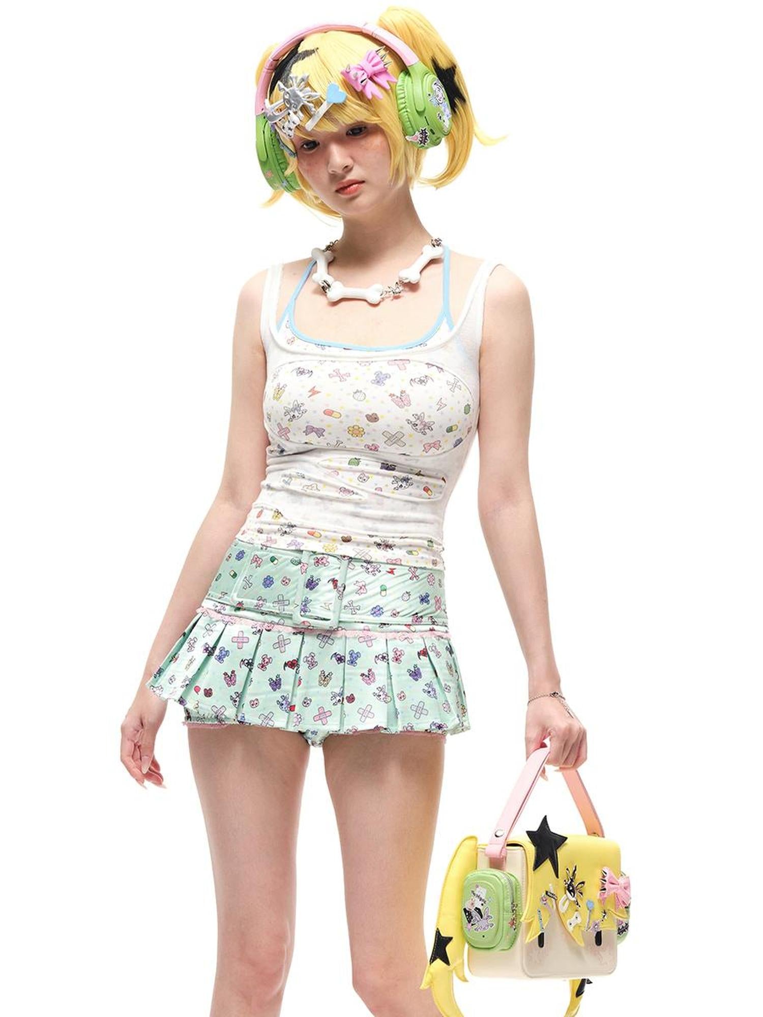 CFIERCE Faux Two Layer Strap Top With Sticker Print