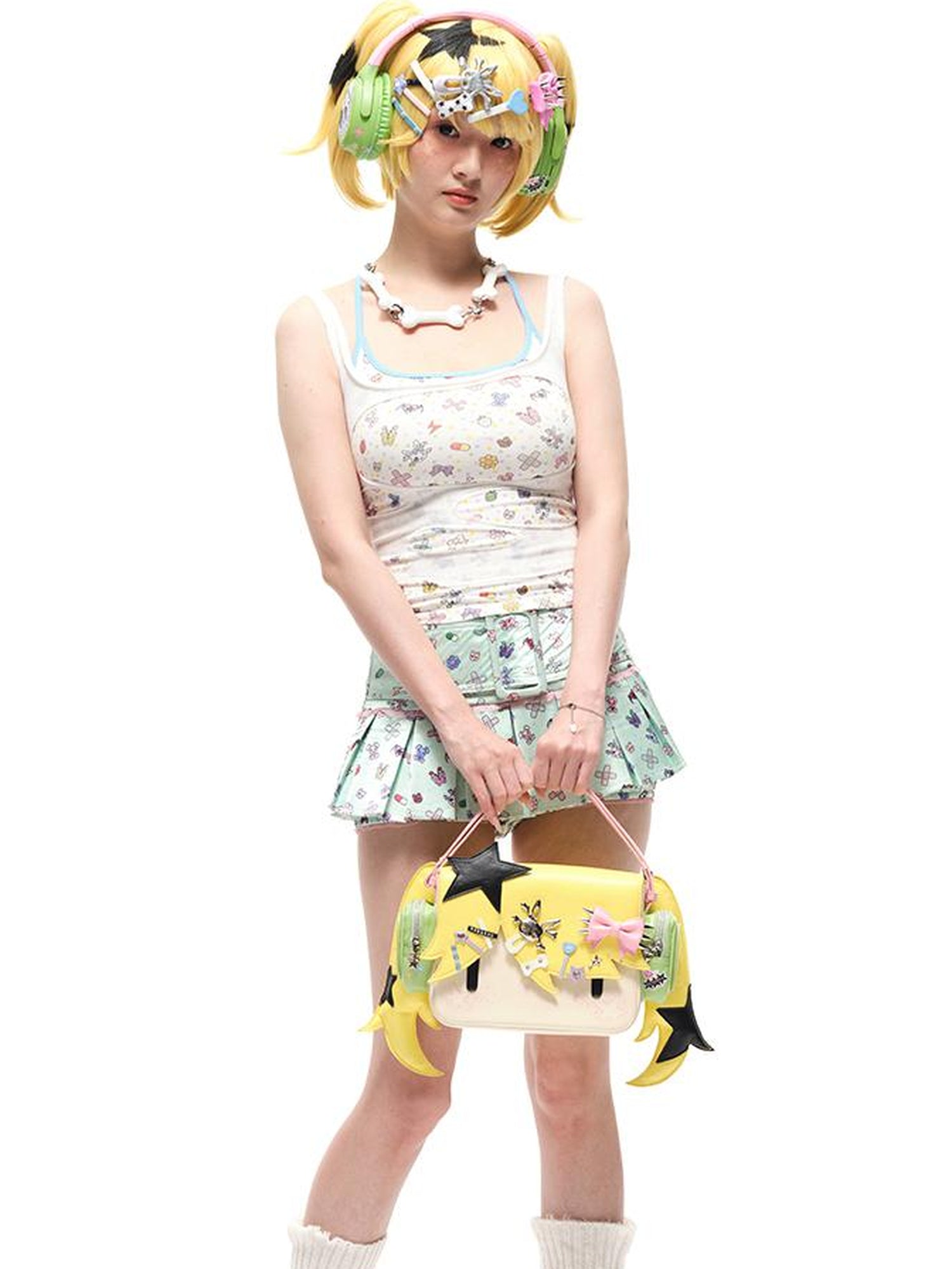 CFIERCE Faux Two Layer Strap Top With Sticker Print