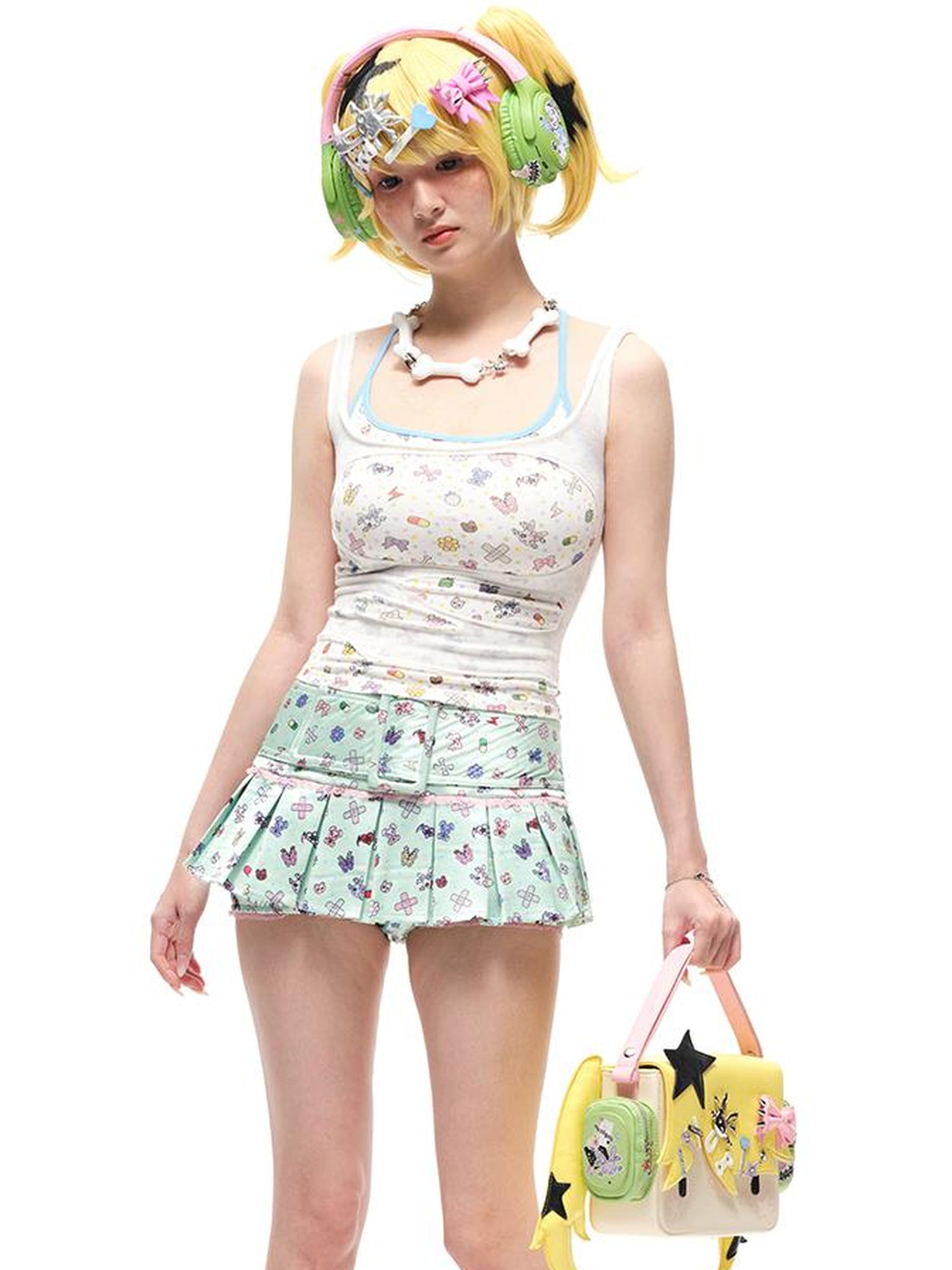 CFIERCE Faux Two Layer Strap Top With Sticker Print