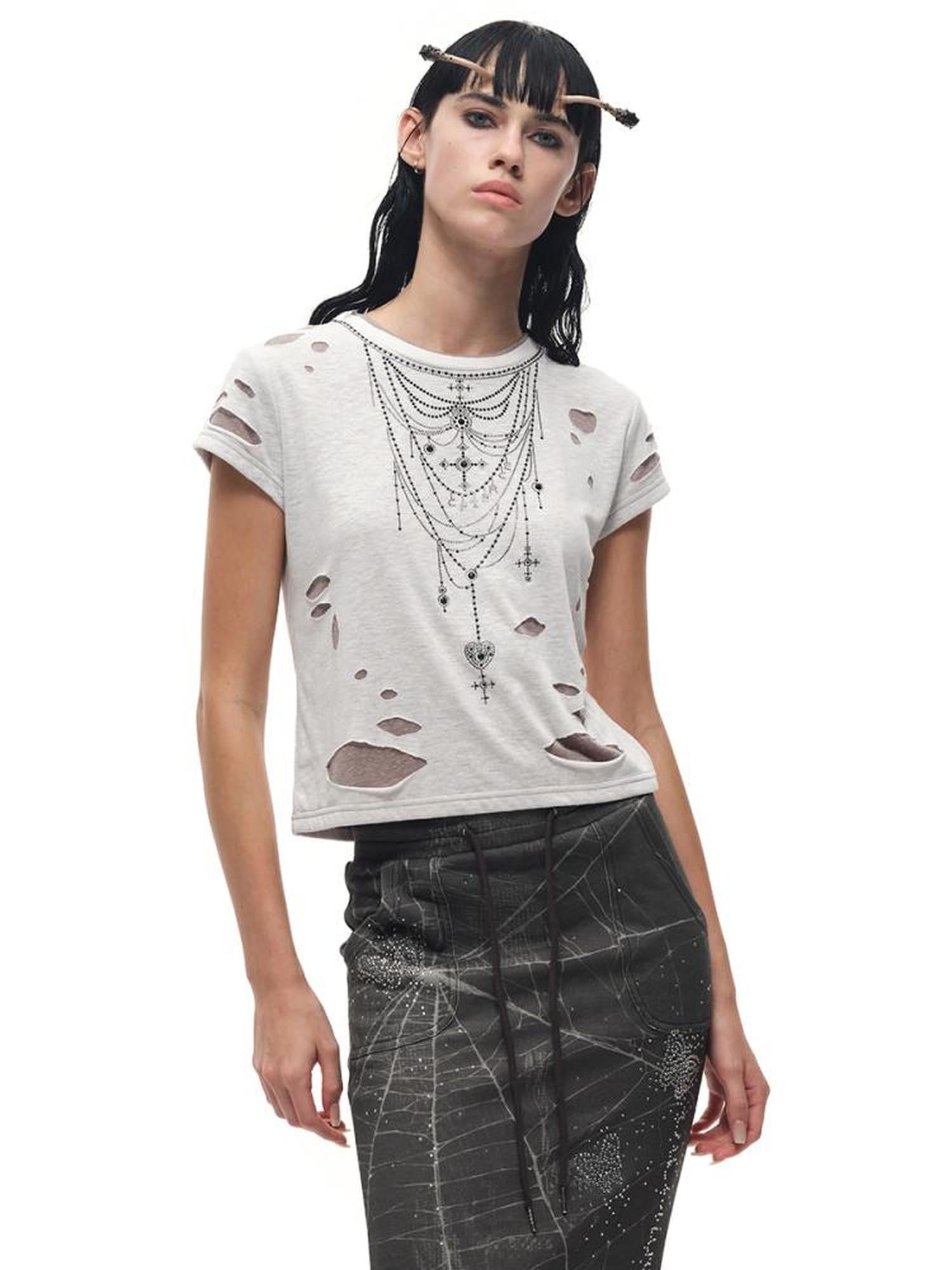 CFIERCE Fierce Rhinestone Neckline Distressed Tee