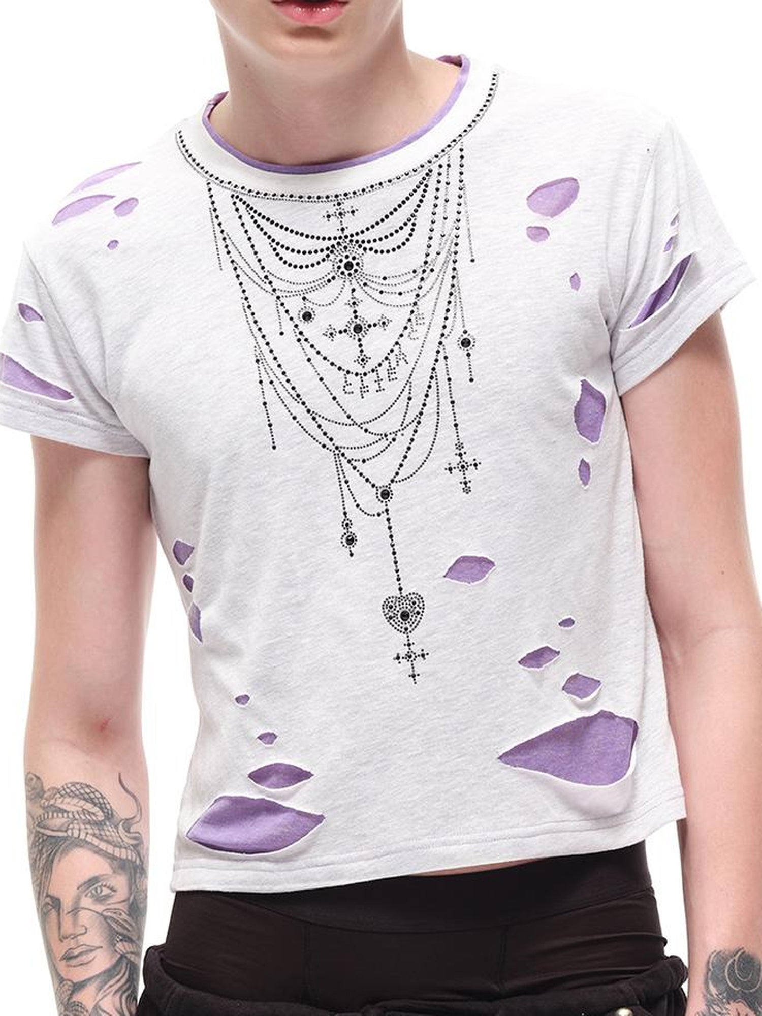 CFIERCE Fierce Rhinestone Neckline Distressed Tee