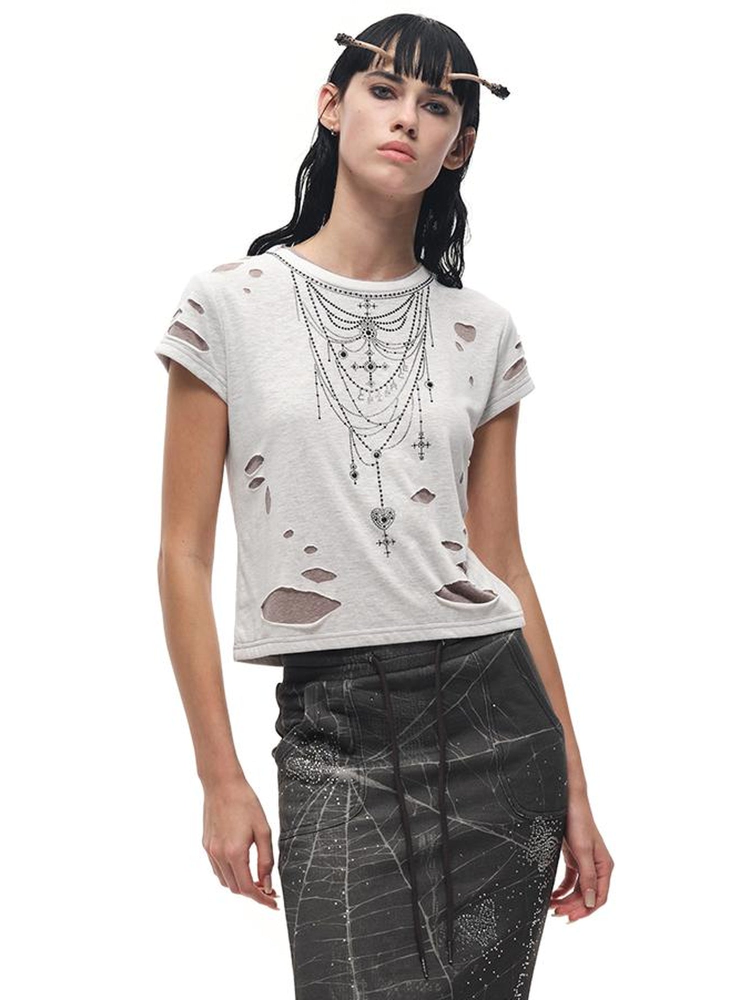 CFIERCE Fierce Rhinestone Neckline Distressed Tee