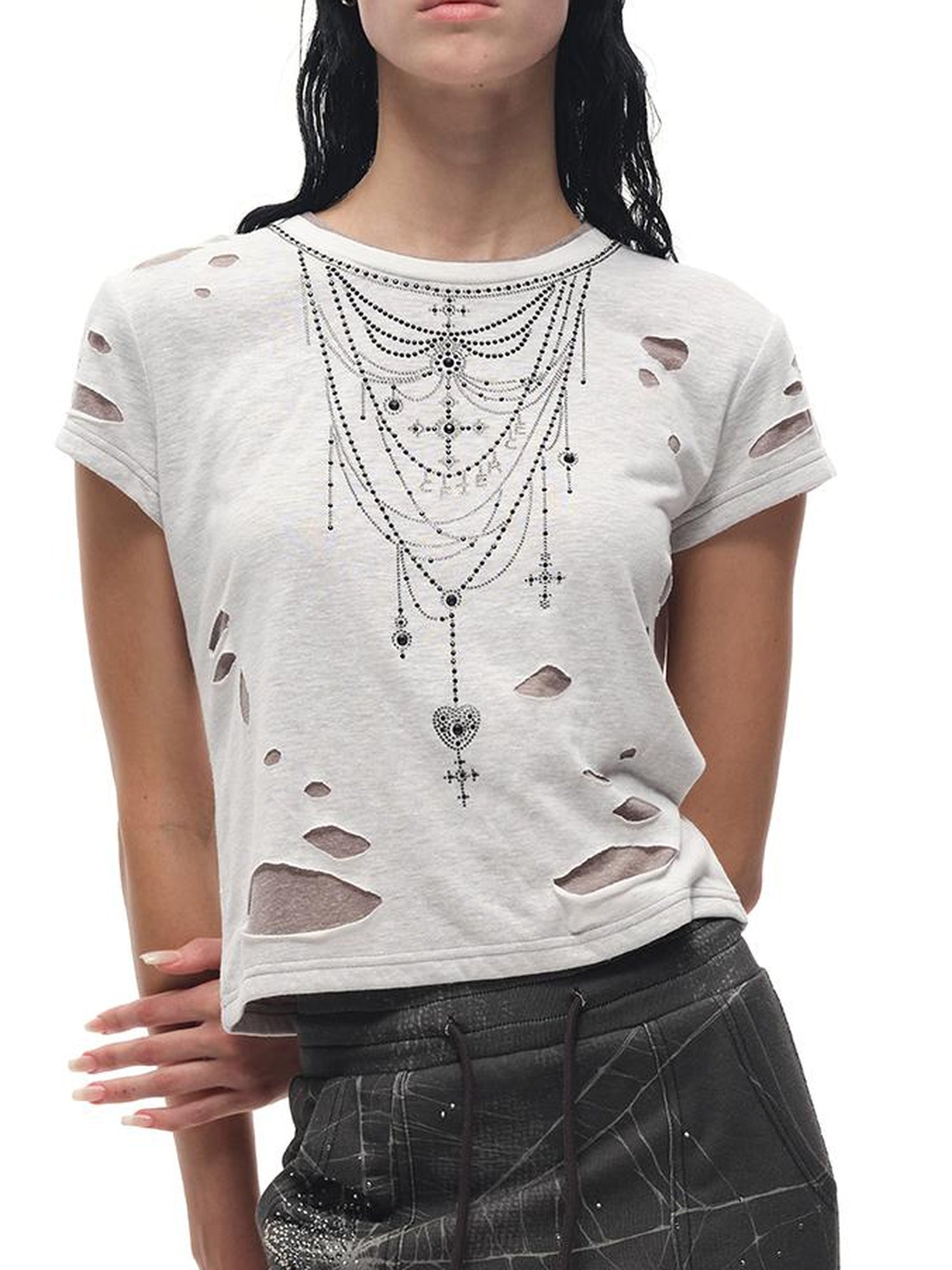 CFIERCE Fierce Rhinestone Neckline Distressed Tee