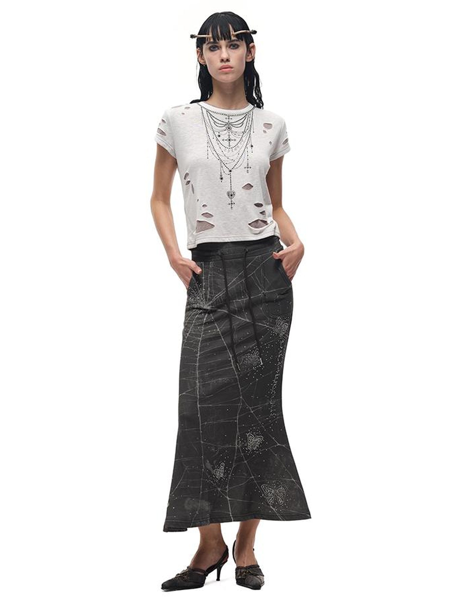 CFIERCE Fierce Rhinestone Neckline Distressed Tee
