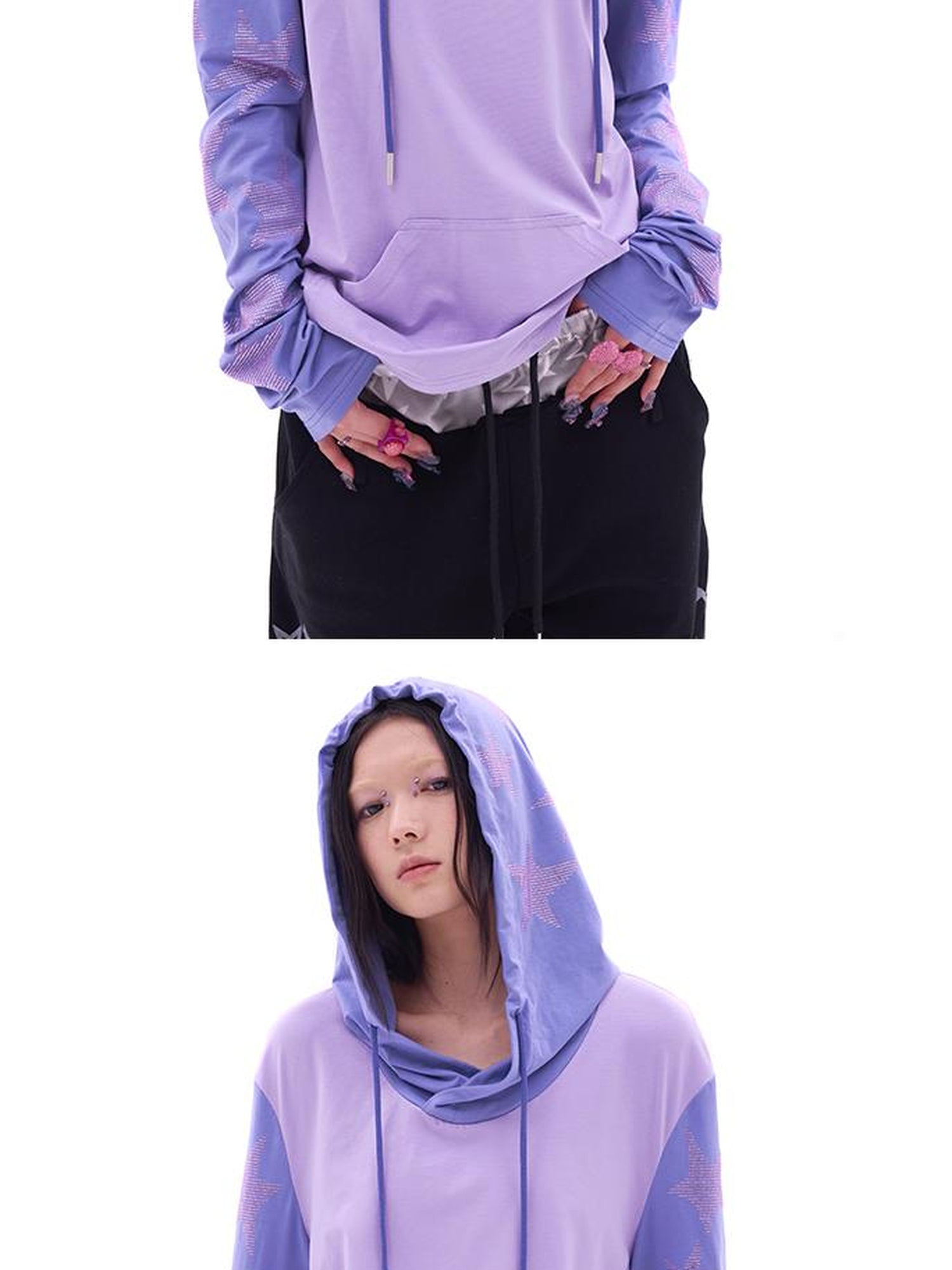 CFIERCE Five Pointed Star Rhinestone Hooded Long Sleeve Top
