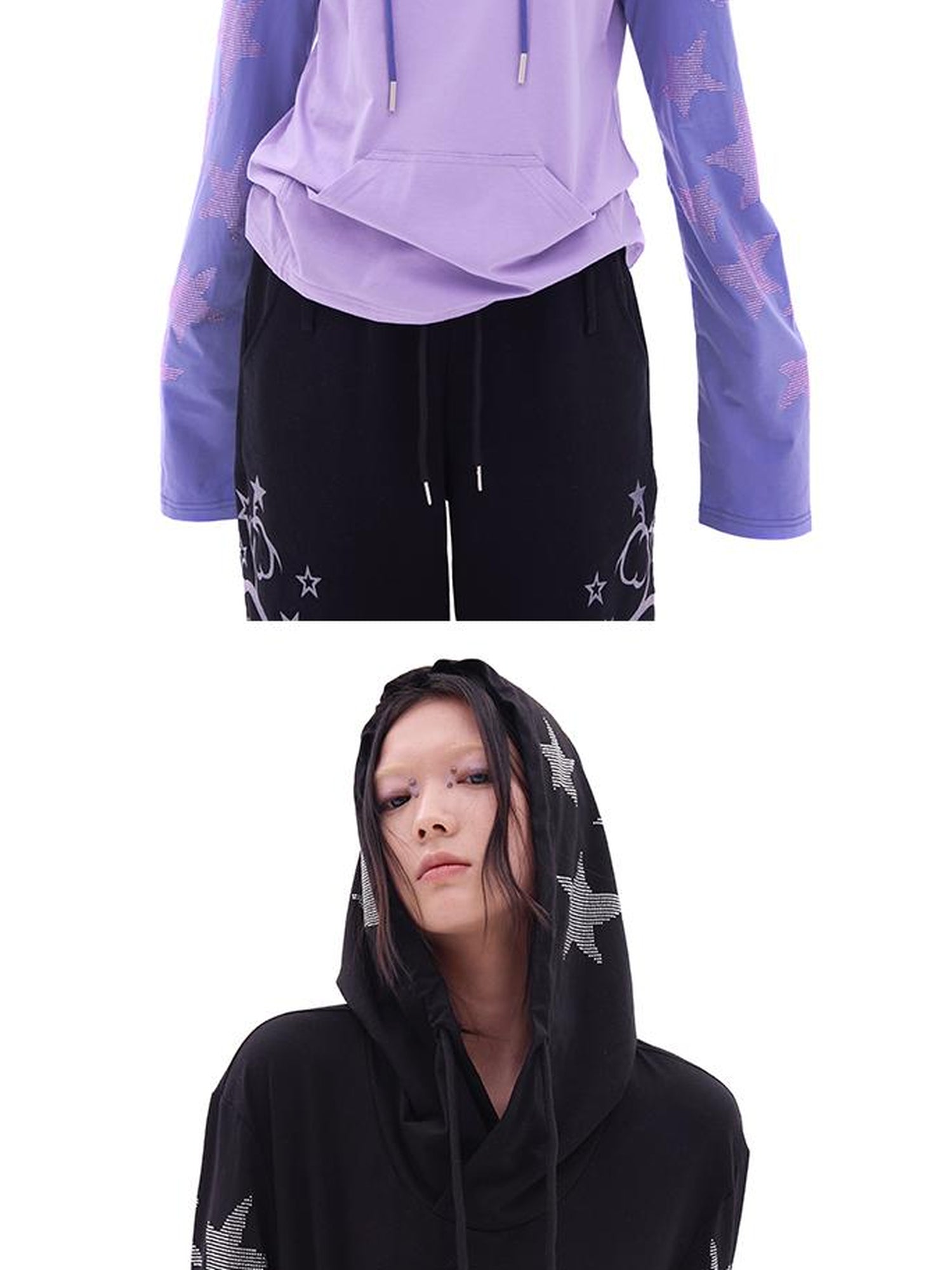CFIERCE Five Pointed Star Rhinestone Hooded Long Sleeve Top