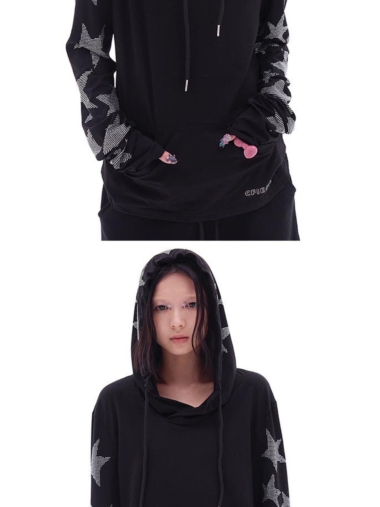 CFIERCE Five Pointed Star Rhinestone Hooded Long Sleeve Top