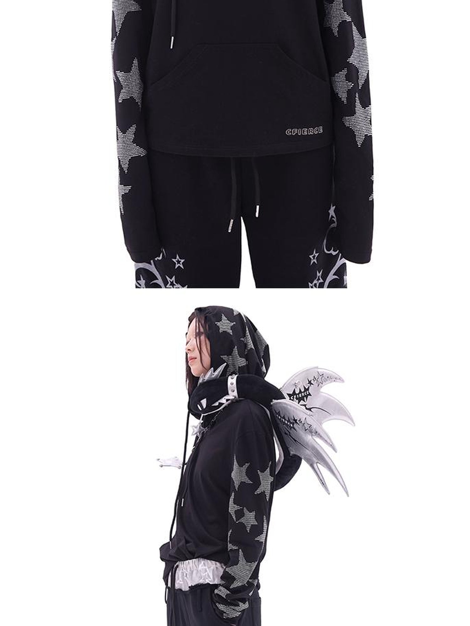 CFIERCE Five Pointed Star Rhinestone Hooded Long Sleeve Top