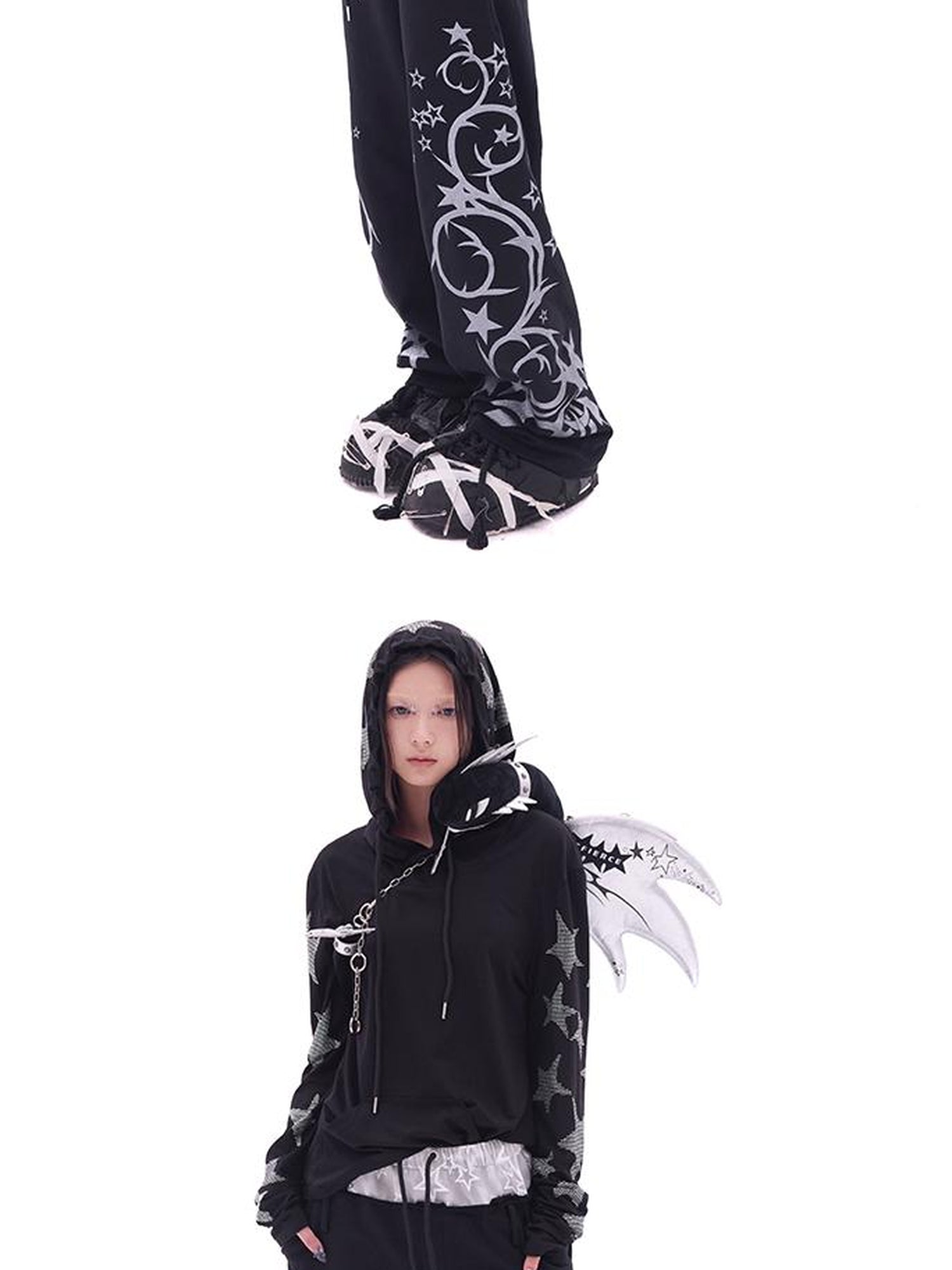 CFIERCE Five Pointed Star Rhinestone Hooded Long Sleeve Top