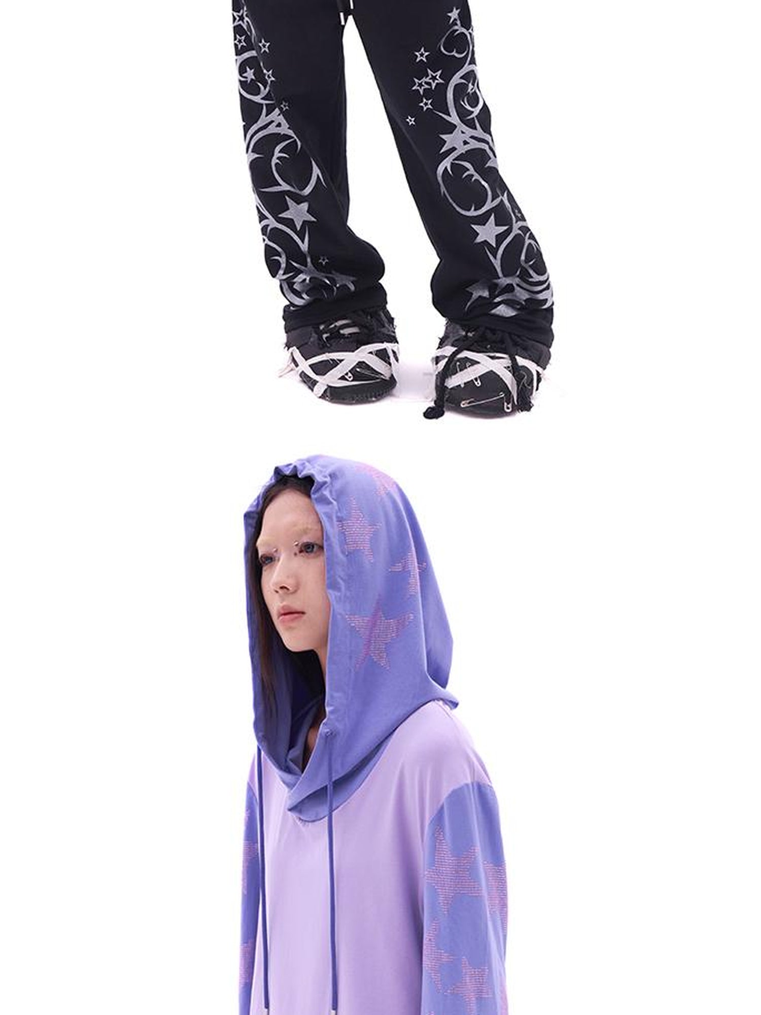 CFIERCE Five Pointed Star Rhinestone Hooded Long Sleeve Top