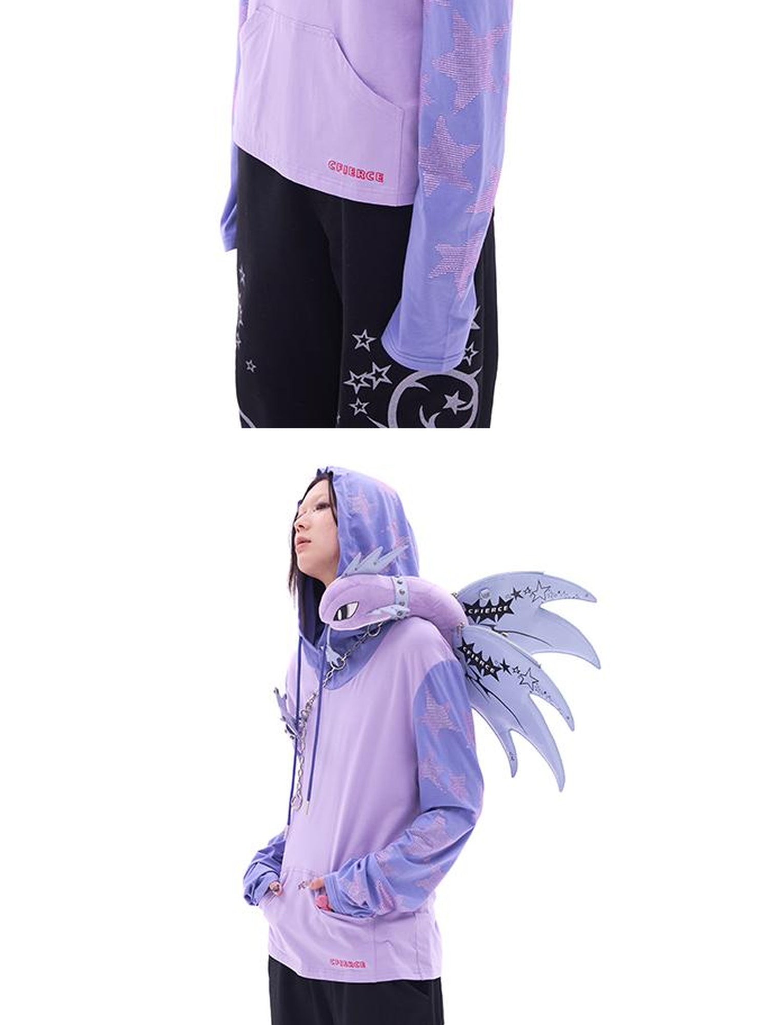 CFIERCE Five Pointed Star Rhinestone Hooded Long Sleeve Top