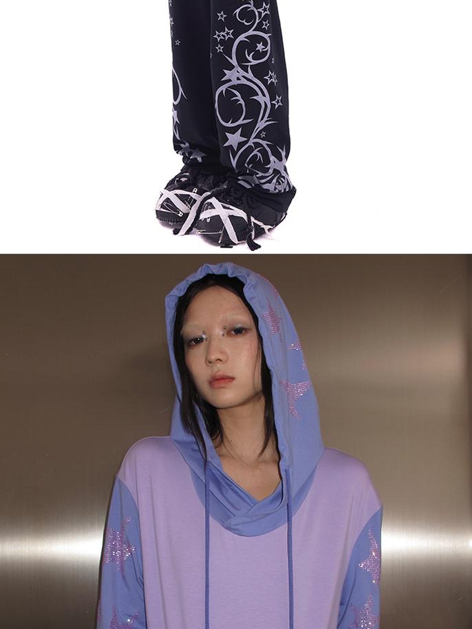 CFIERCE Five Pointed Star Rhinestone Hooded Long Sleeve Top
