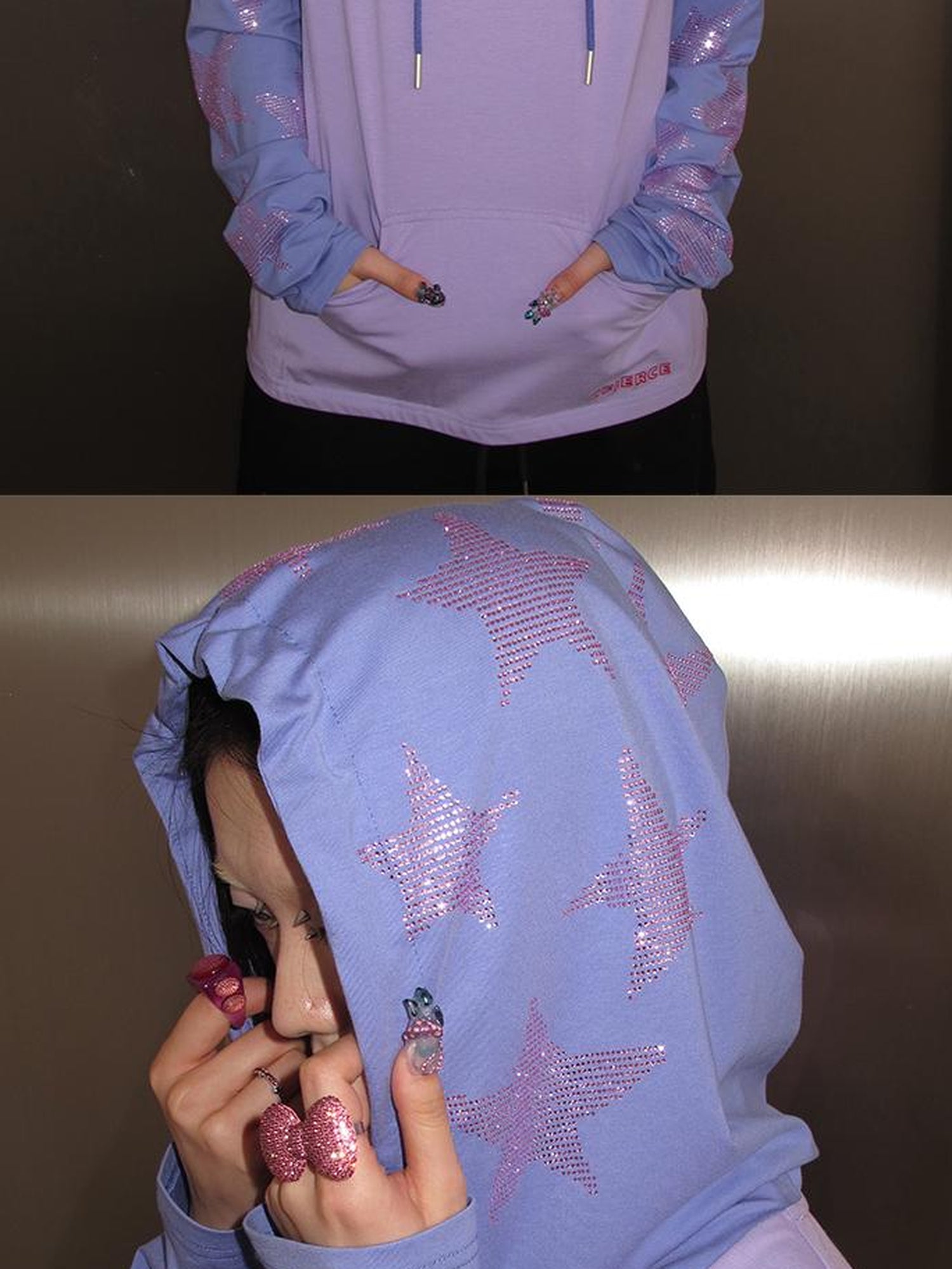CFIERCE Five Pointed Star Rhinestone Hooded Long Sleeve Top