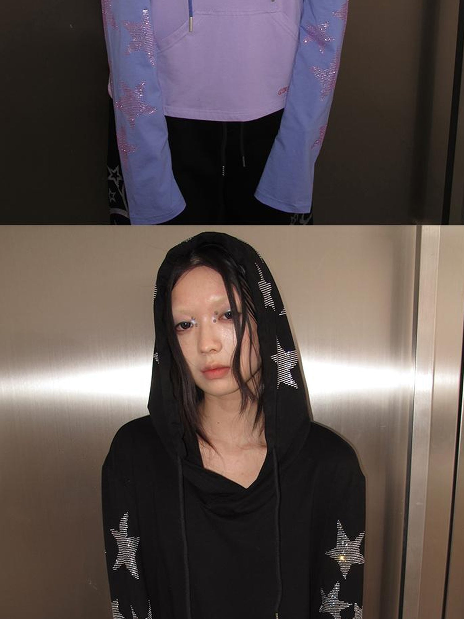 CFIERCE Five Pointed Star Rhinestone Hooded Long Sleeve Top